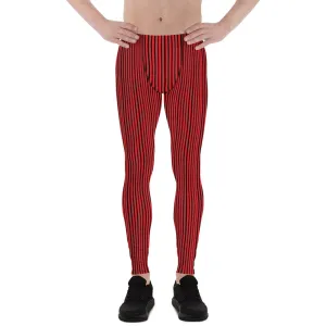 Red Vertically Striped Men's Leggings, Modern Best Stripes Meggings For Men-Made in USA/EU/MX