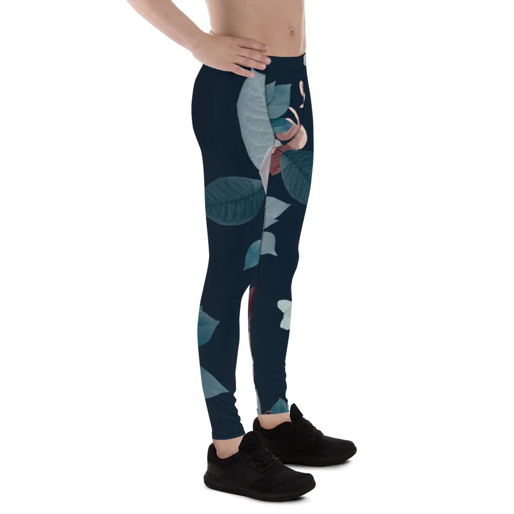 Rose Romantic Floral Men's Leggings, Flower Printed Designer Meggings Compression Tights-Made in USA/EU/MX