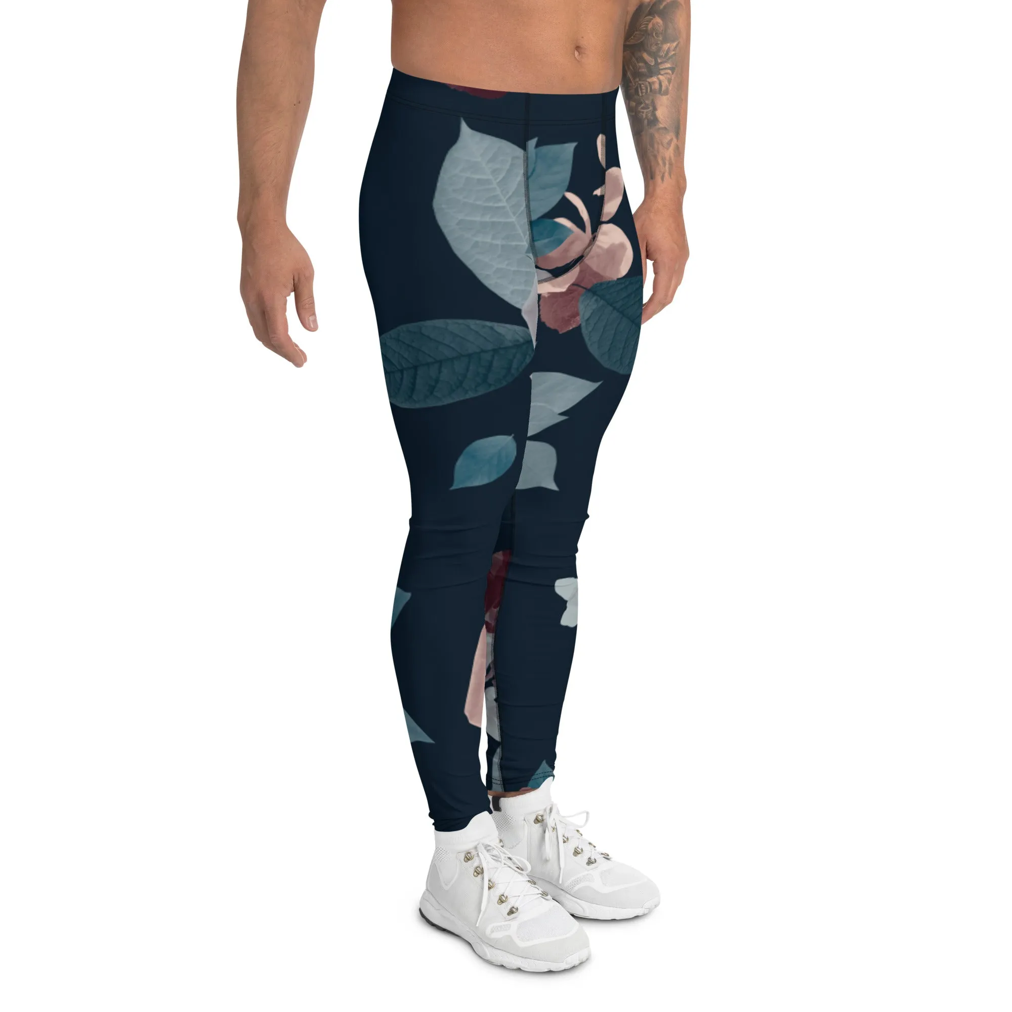 Rose Romantic Floral Men's Leggings, Flower Printed Designer Meggings Compression Tights-Made in USA/EU/MX