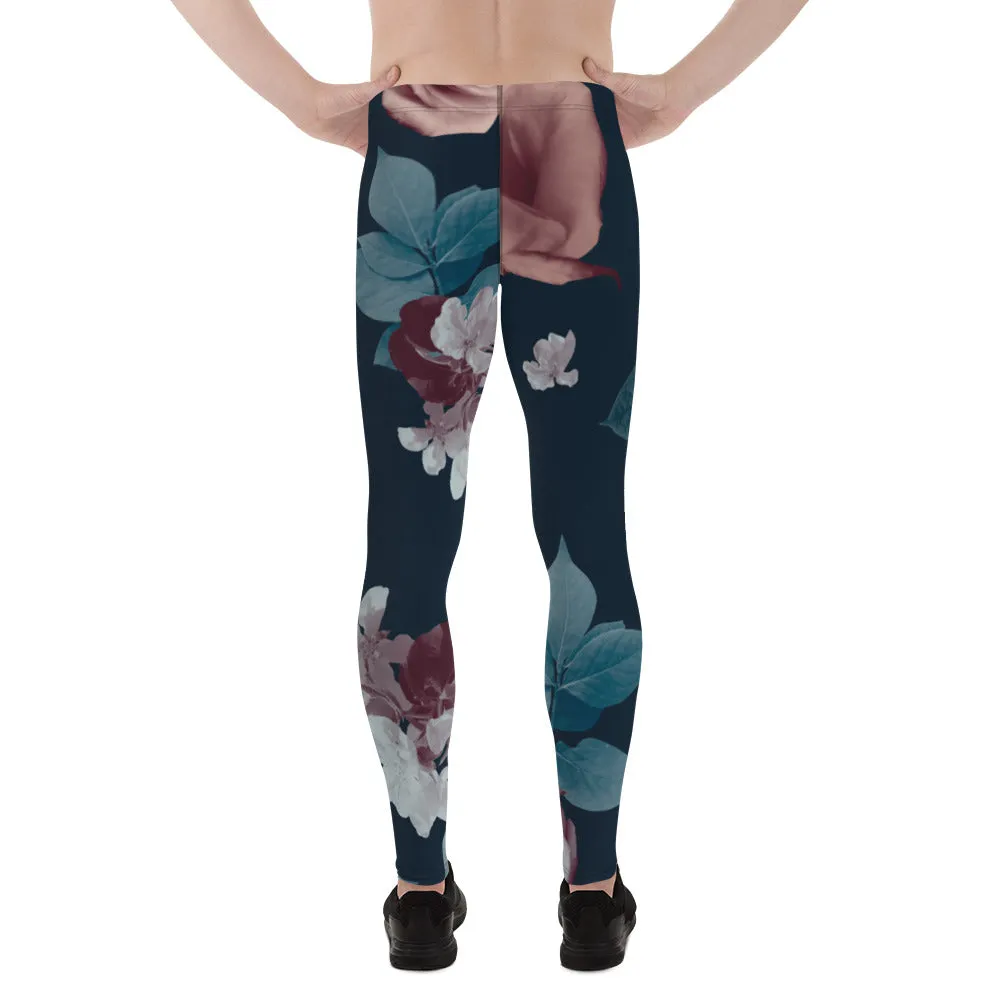 Rose Romantic Floral Men's Leggings, Flower Printed Designer Meggings Compression Tights-Made in USA/EU/MX