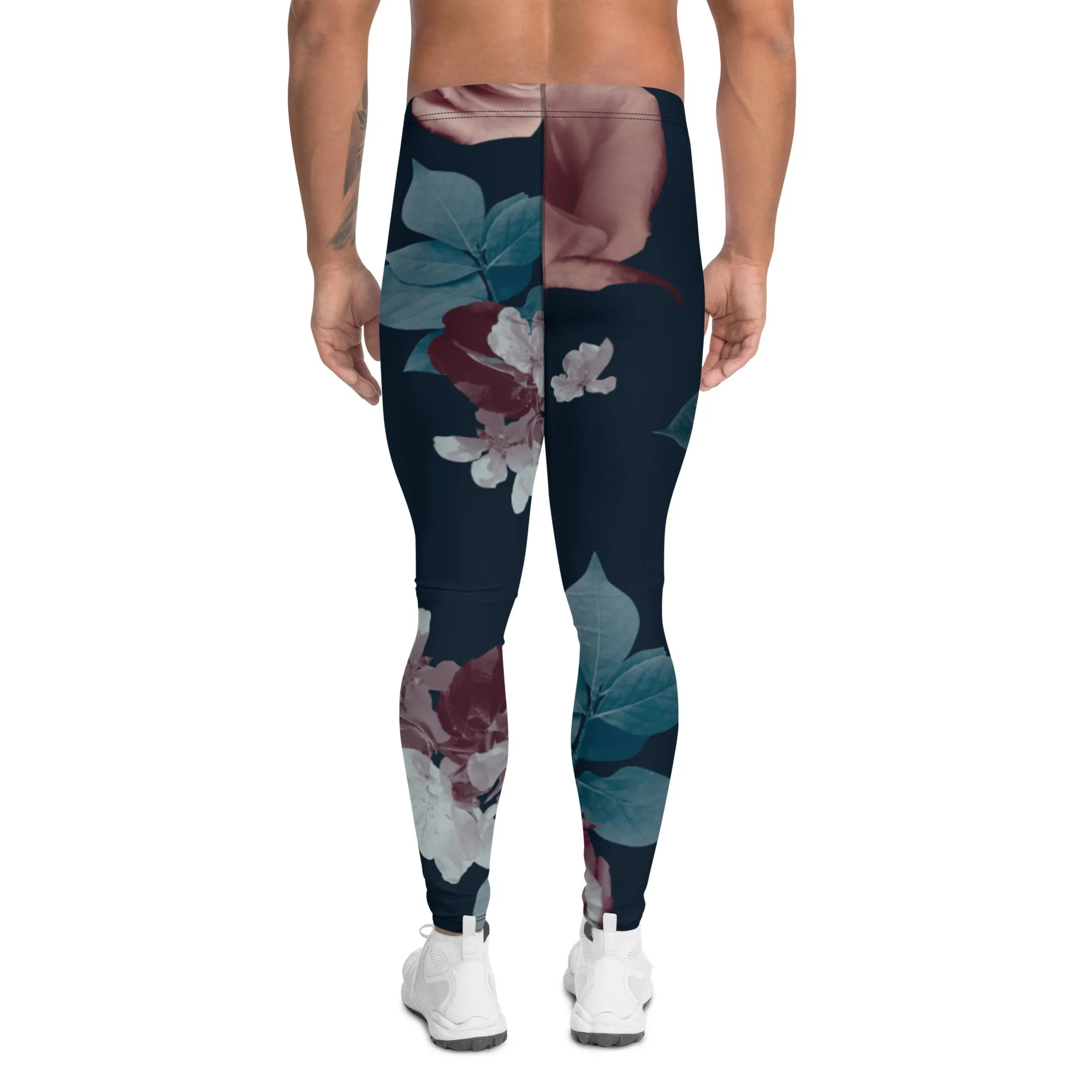 Rose Romantic Floral Men's Leggings, Flower Printed Designer Meggings Compression Tights-Made in USA/EU/MX