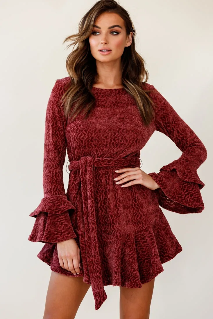 Saphira Long Sleeve Fluted Hem Knit Dress Rose