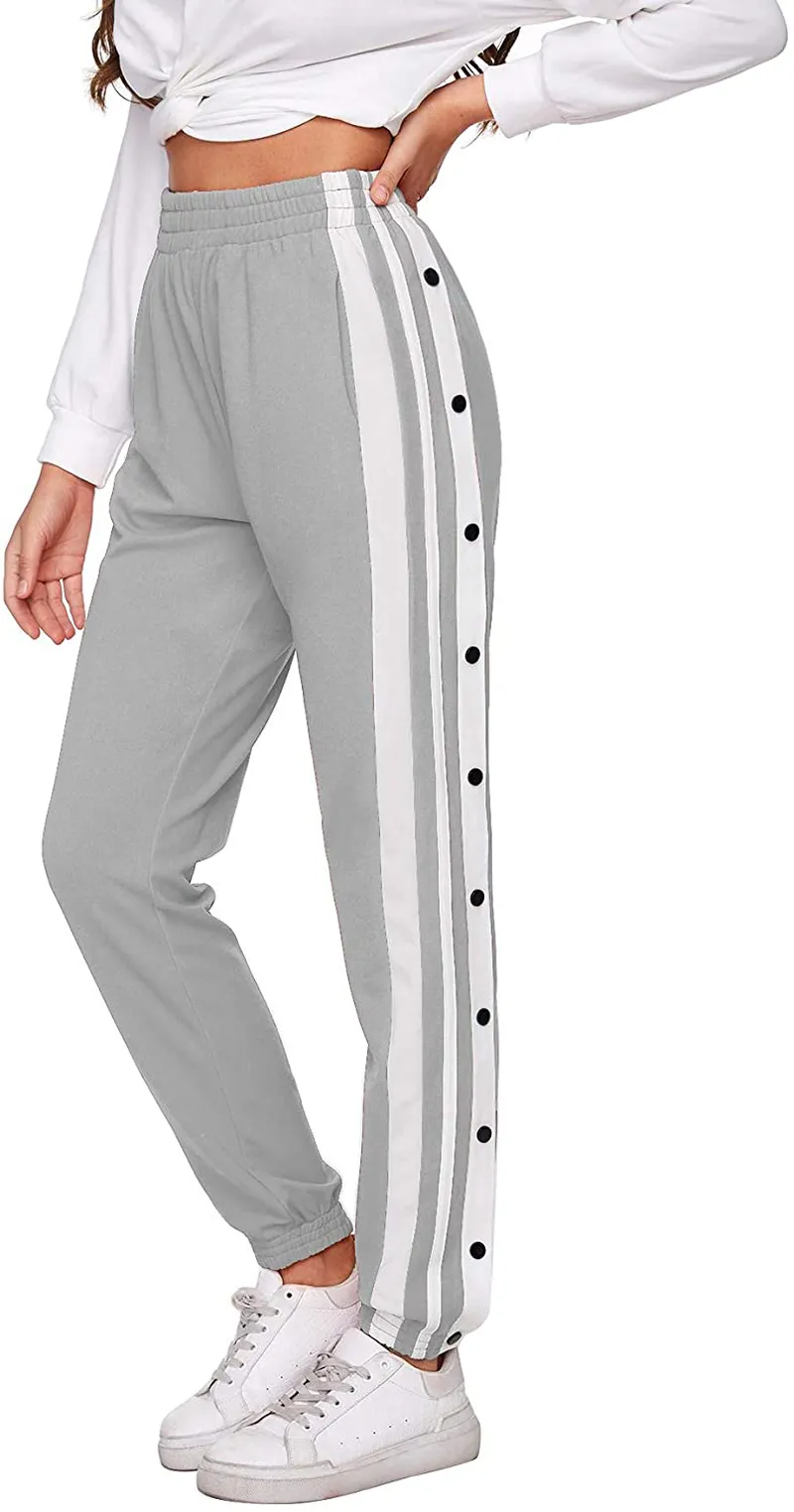 SOLY HUX Women's Sporty High Split Side Striped Joggers Snap Button Track Pants