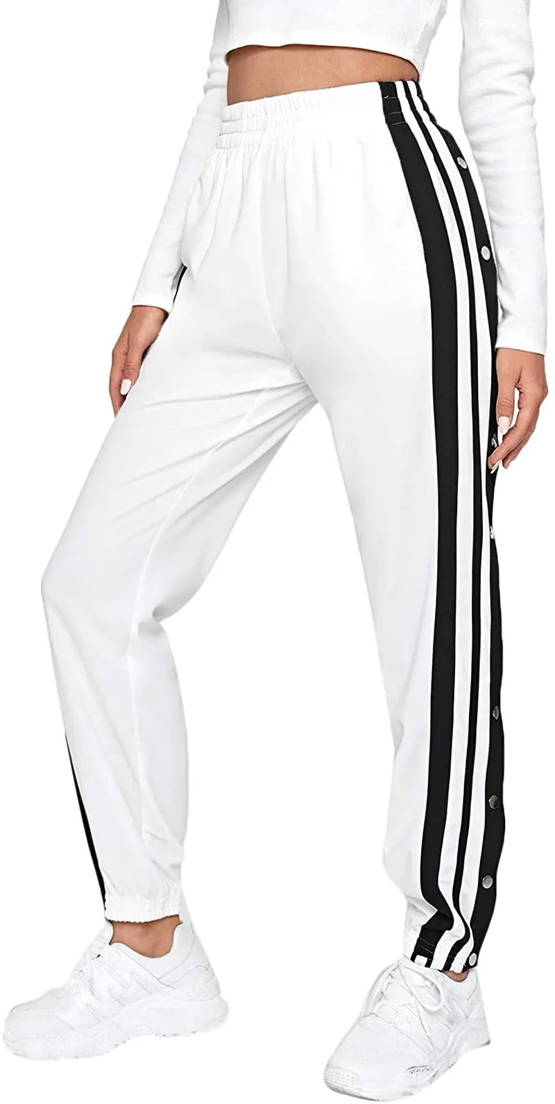 SOLY HUX Women's Sporty High Split Side Striped Joggers Snap Button Track Pants