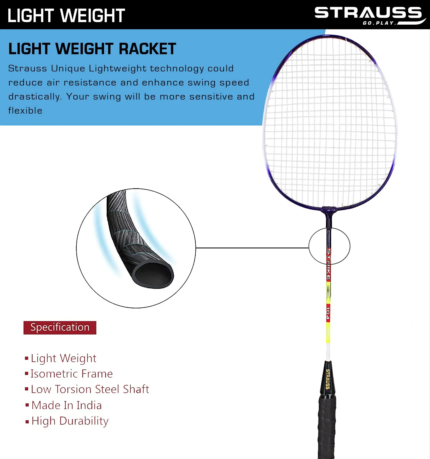 Strauss Badminton Signature White Body Iron   Tempered Alluminium Road Pair with Cover(Strike-104)