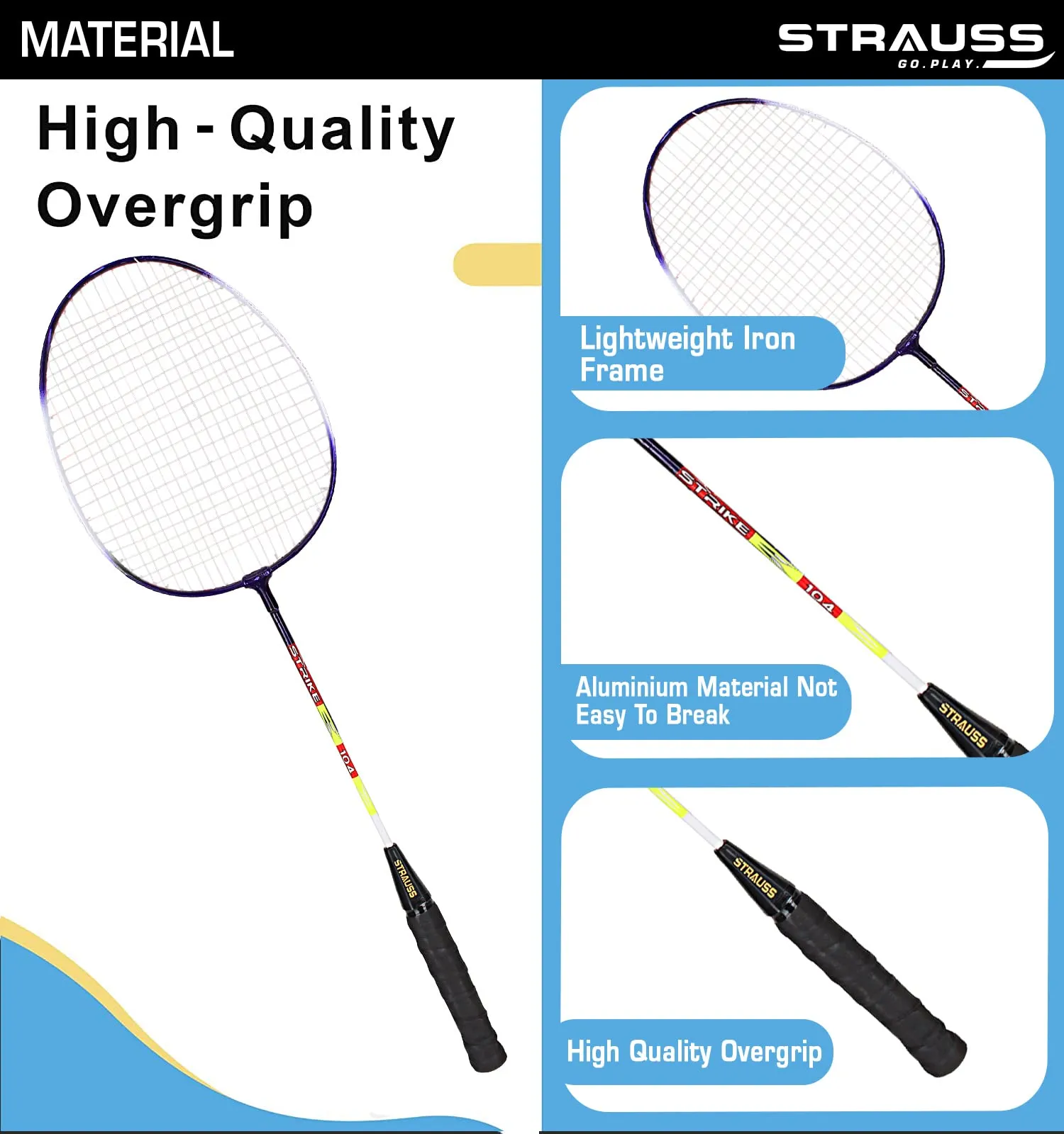 Strauss Badminton Signature White Body Iron   Tempered Alluminium Road Pair with Cover(Strike-104)