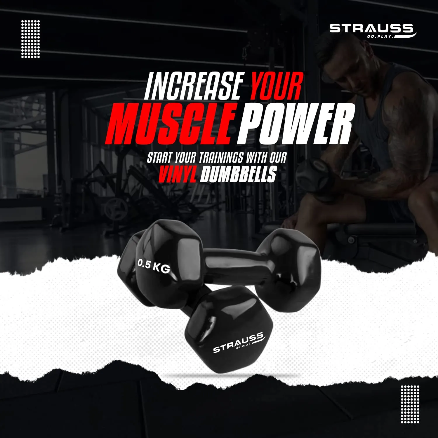 Strauss Premium Vinyl Dumbbells Weight for Men & Women | 0.5 Kg (Each) | 1 Kg (Pair) | Ideal for Home Workout, Yoga, Pilates, Gym Exercises | Non-Slip, Easy to Hold, Scratch Resistant (Black)