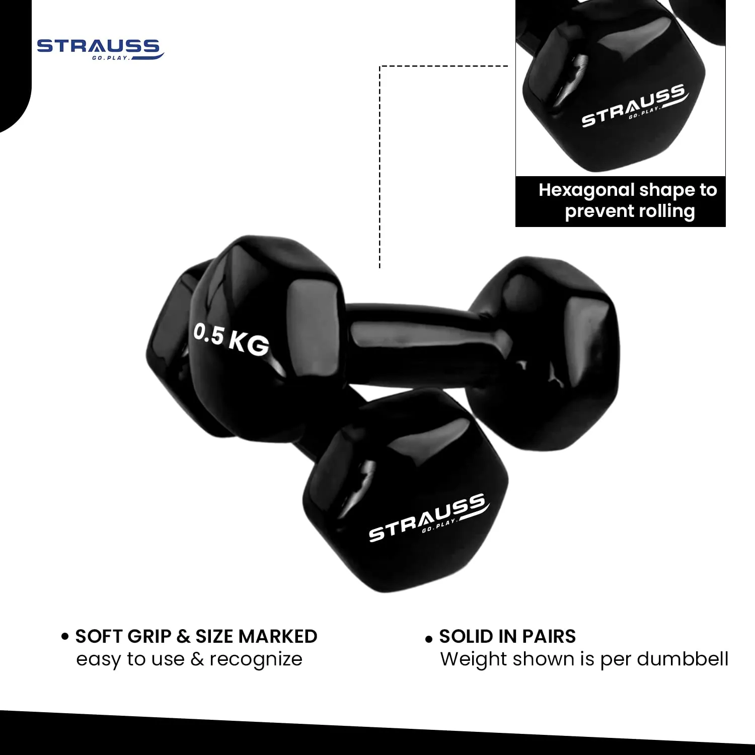 Strauss Premium Vinyl Dumbbells Weight for Men & Women | 0.5 Kg (Each) | 1 Kg (Pair) | Ideal for Home Workout, Yoga, Pilates, Gym Exercises | Non-Slip, Easy to Hold, Scratch Resistant (Black)