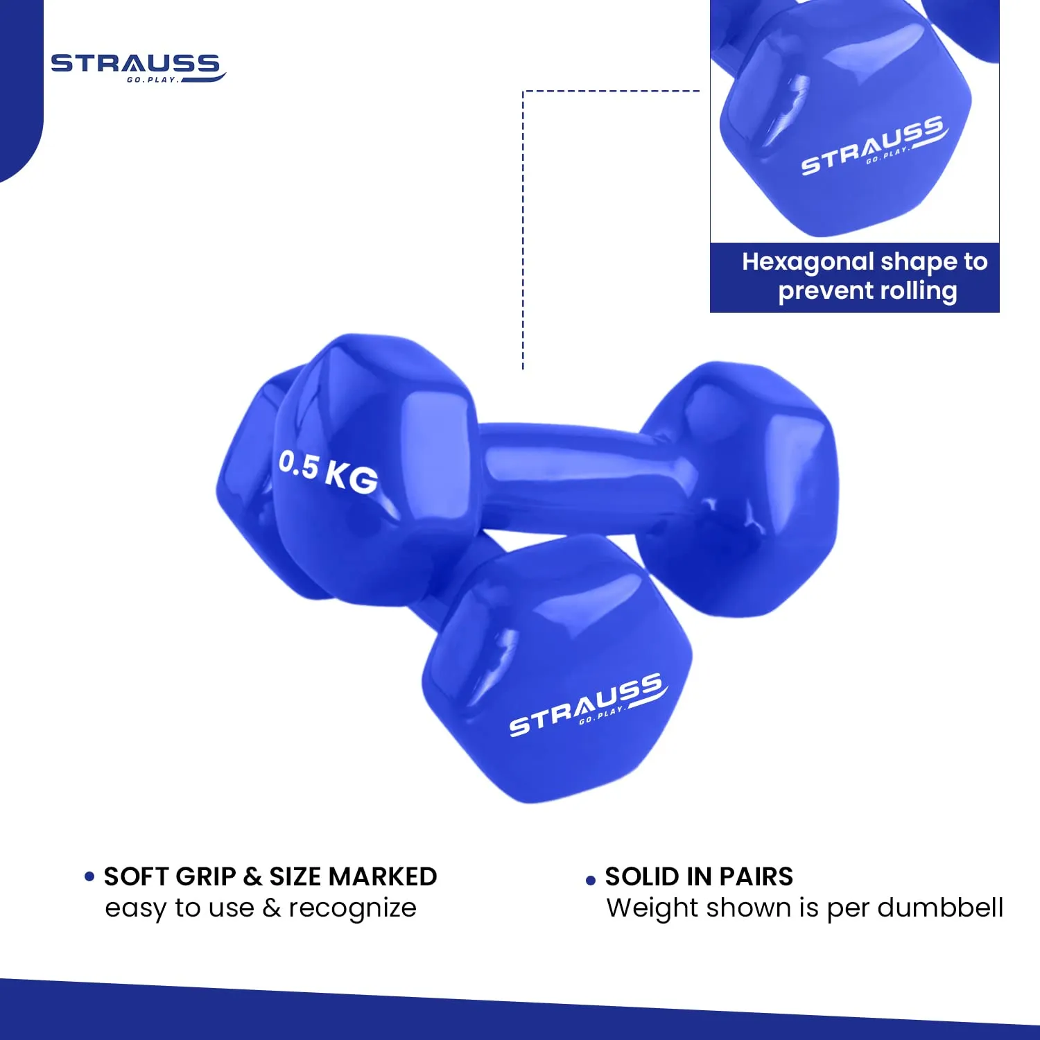 Strauss Premium Vinyl Dumbbells Weight for Men & Women | 0.5 Kg (Each) | 1 Kg (Pair) | Ideal for Home Workout, Yoga, Pilates, Gym Exercises | Non-Slip, Easy to Hold, Scratch Resistant (Blue)