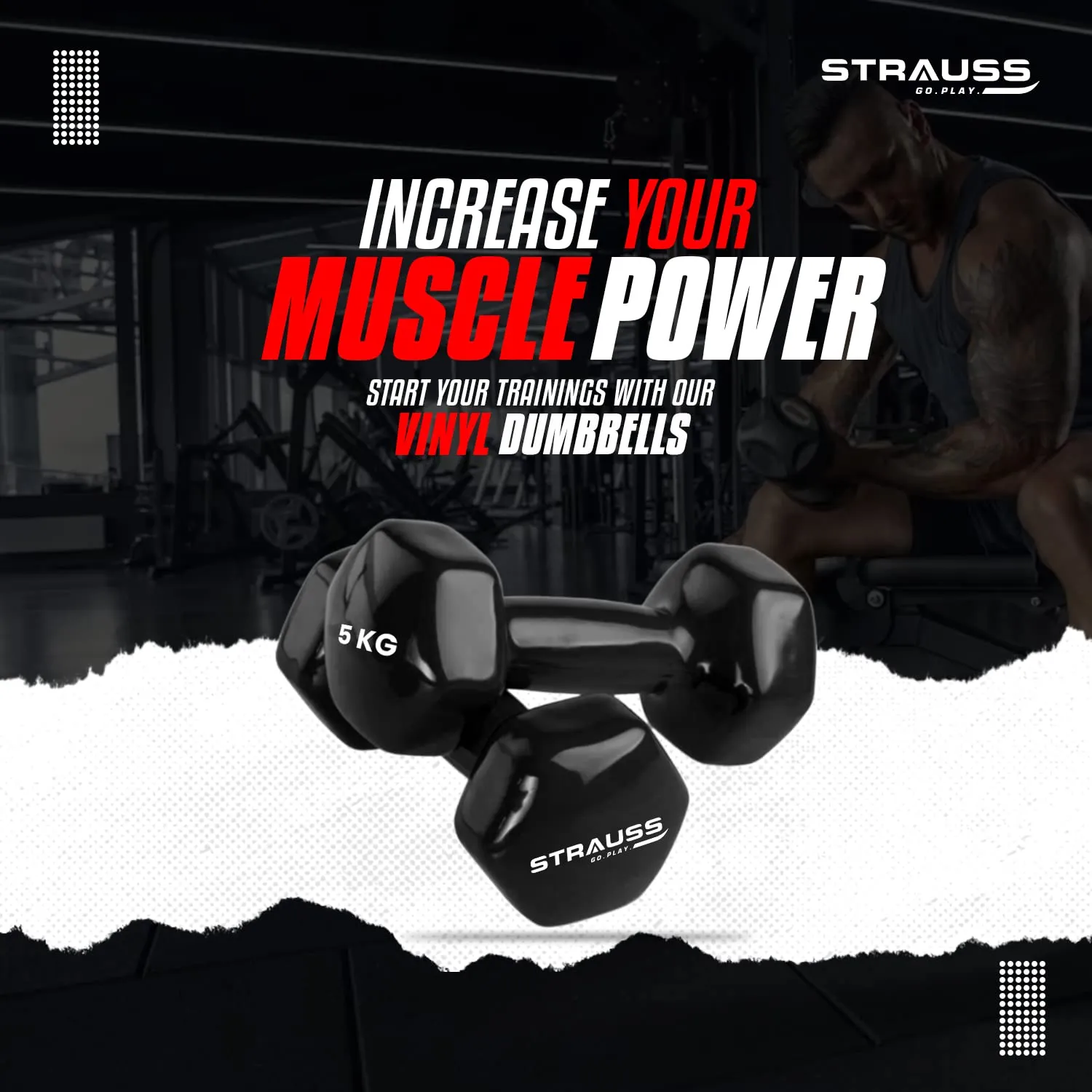 Strauss Premium Vinyl Dumbbells Weight for Men & Women | 5 Kg (Each) | 10 Kg (Pair) | Ideal for Home Workout, Yoga, Pilates, Gym Exercises | Non-Slip, Easy to Hold, Scratch Resistant (Black)