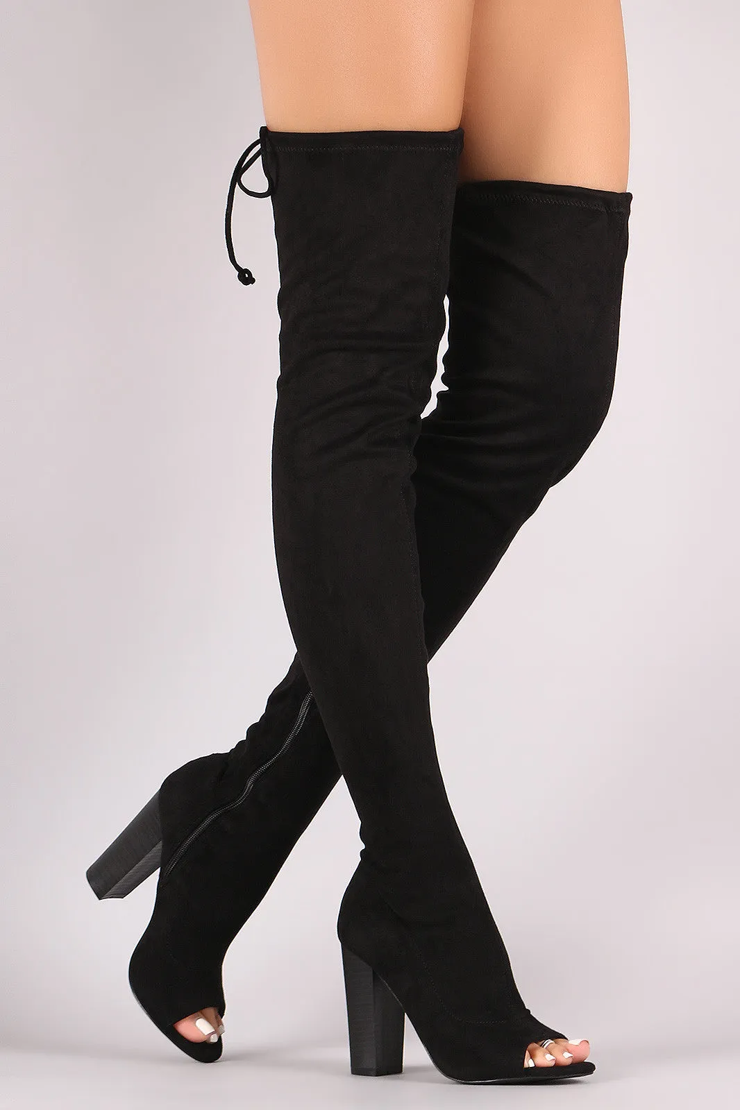 Suede Drawstring-Tie Chunky Heeled Over-The-Knee Boots