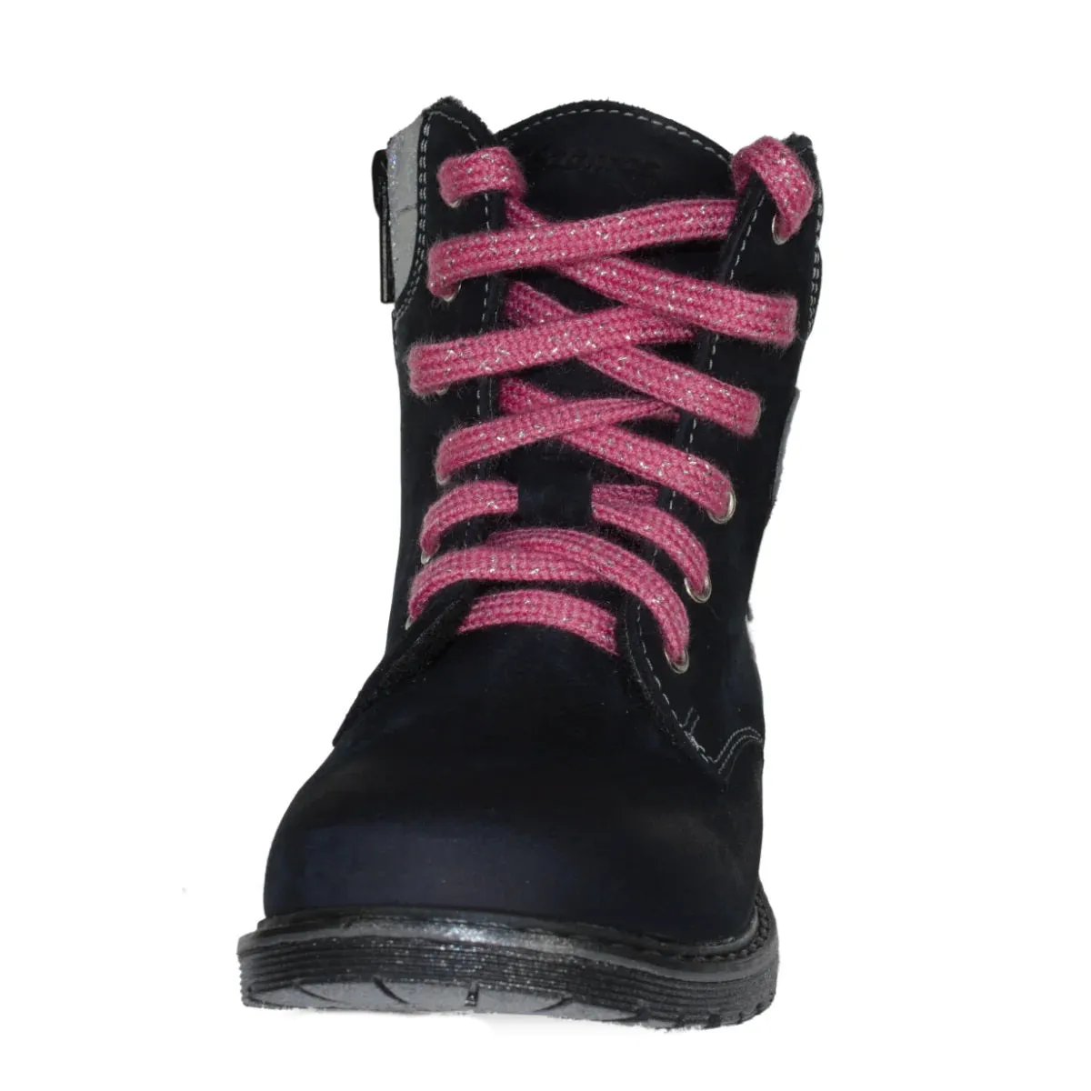 Szamos Kid Girl Boots Black With White And Pink Heart Decor - Made In Europe