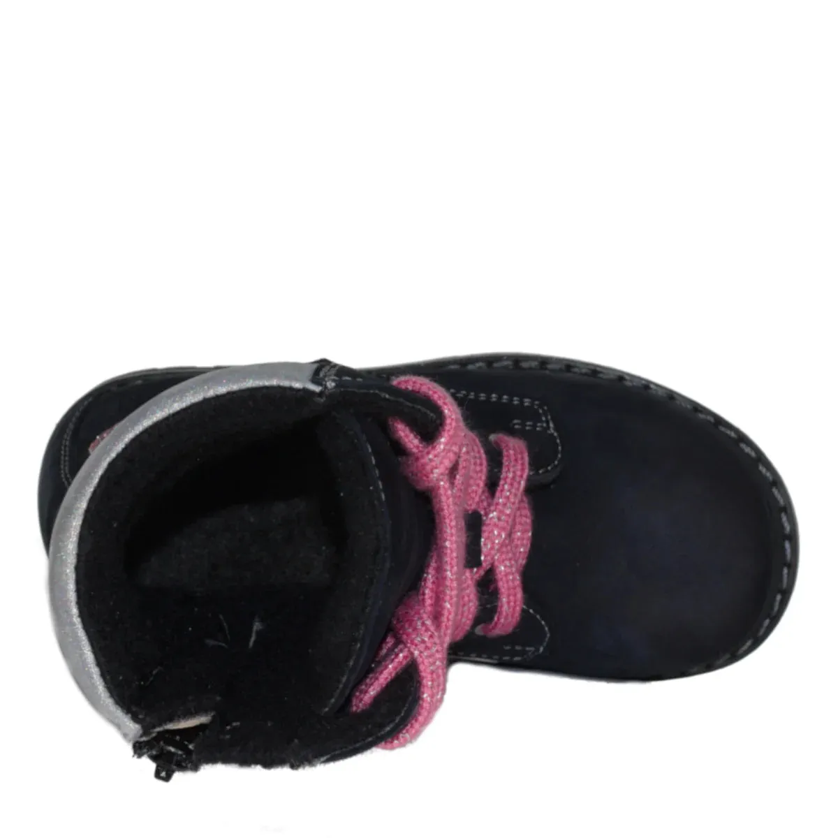 Szamos Kid Girl Boots Black With White And Pink Heart Decor - Made In Europe