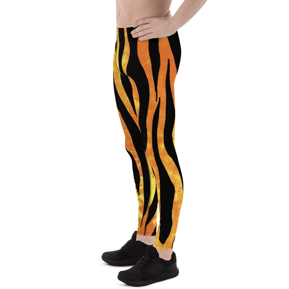 Tiger Striped Orange Men's Leggings, Animal Print Designer Colorful Meggings - Made in USA/EU/MX