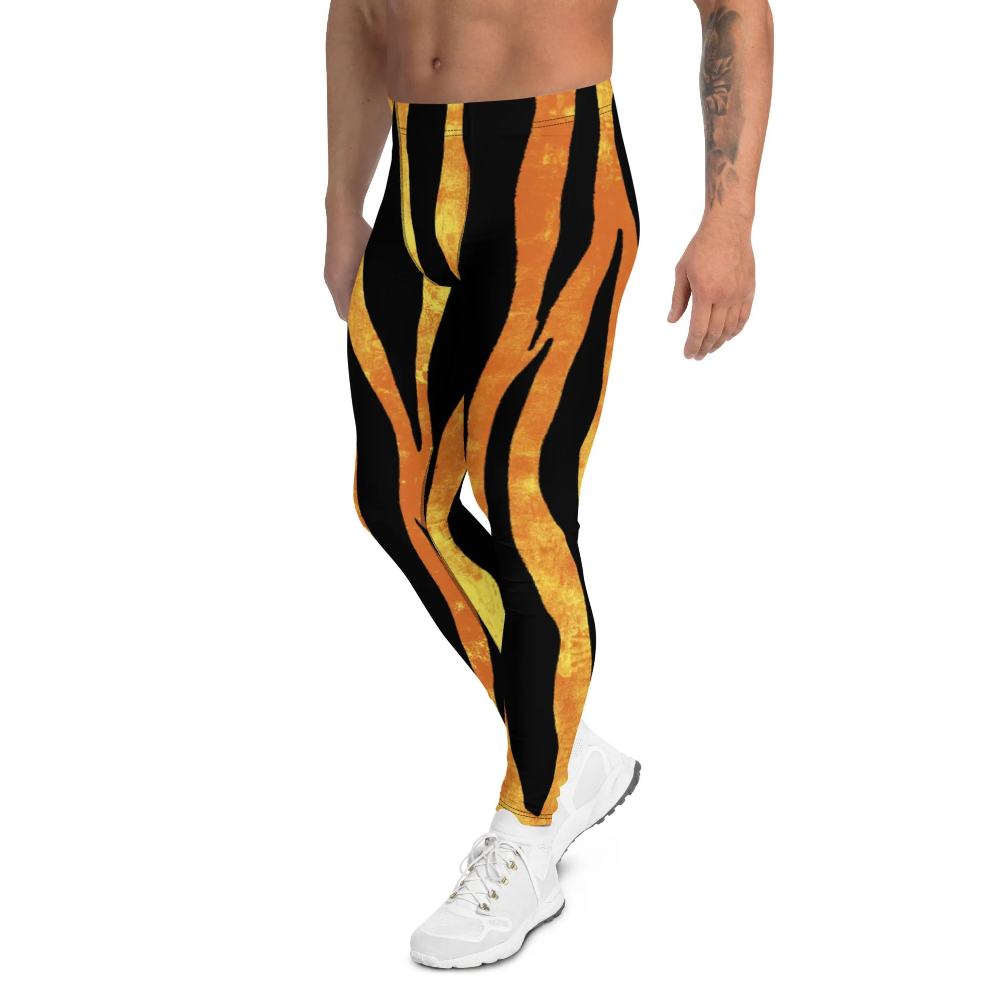 Tiger Striped Orange Men's Leggings, Animal Print Designer Colorful Meggings - Made in USA/EU/MX