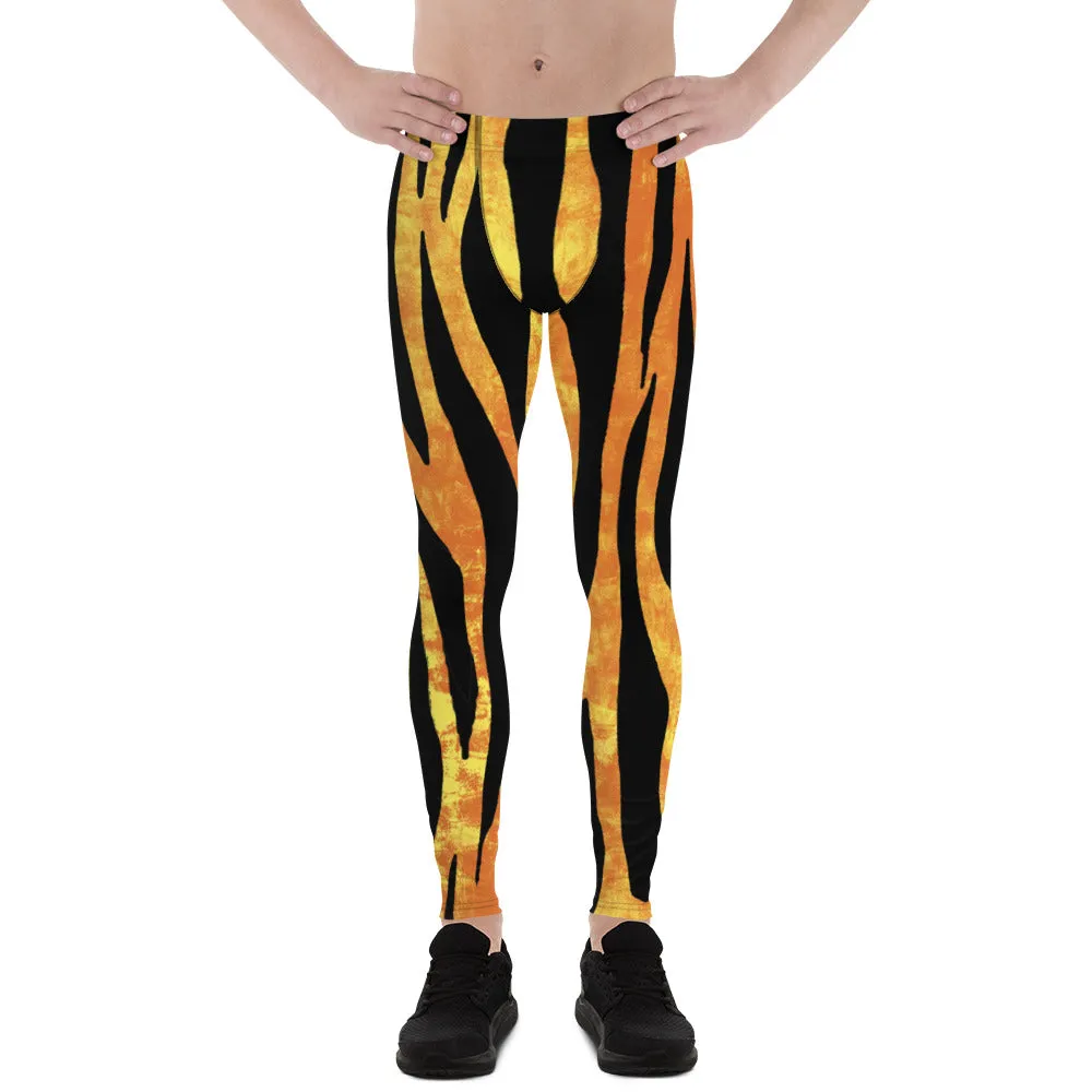 Tiger Striped Orange Men's Leggings, Animal Print Designer Colorful Meggings - Made in USA/EU/MX