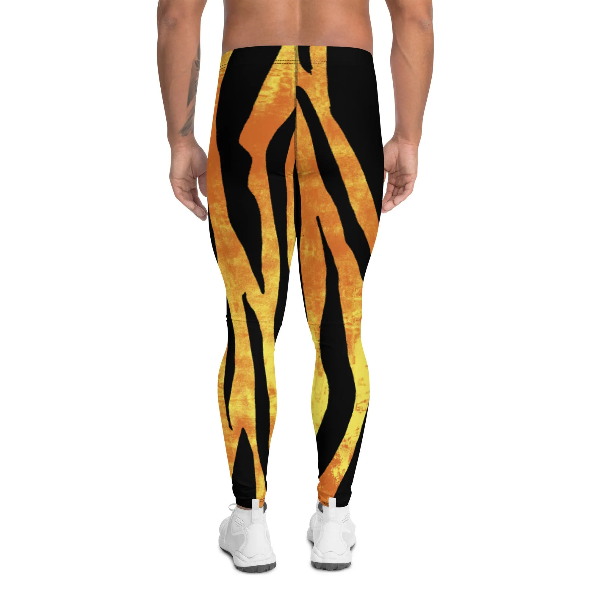 Tiger Striped Orange Men's Leggings, Animal Print Designer Colorful Meggings - Made in USA/EU/MX