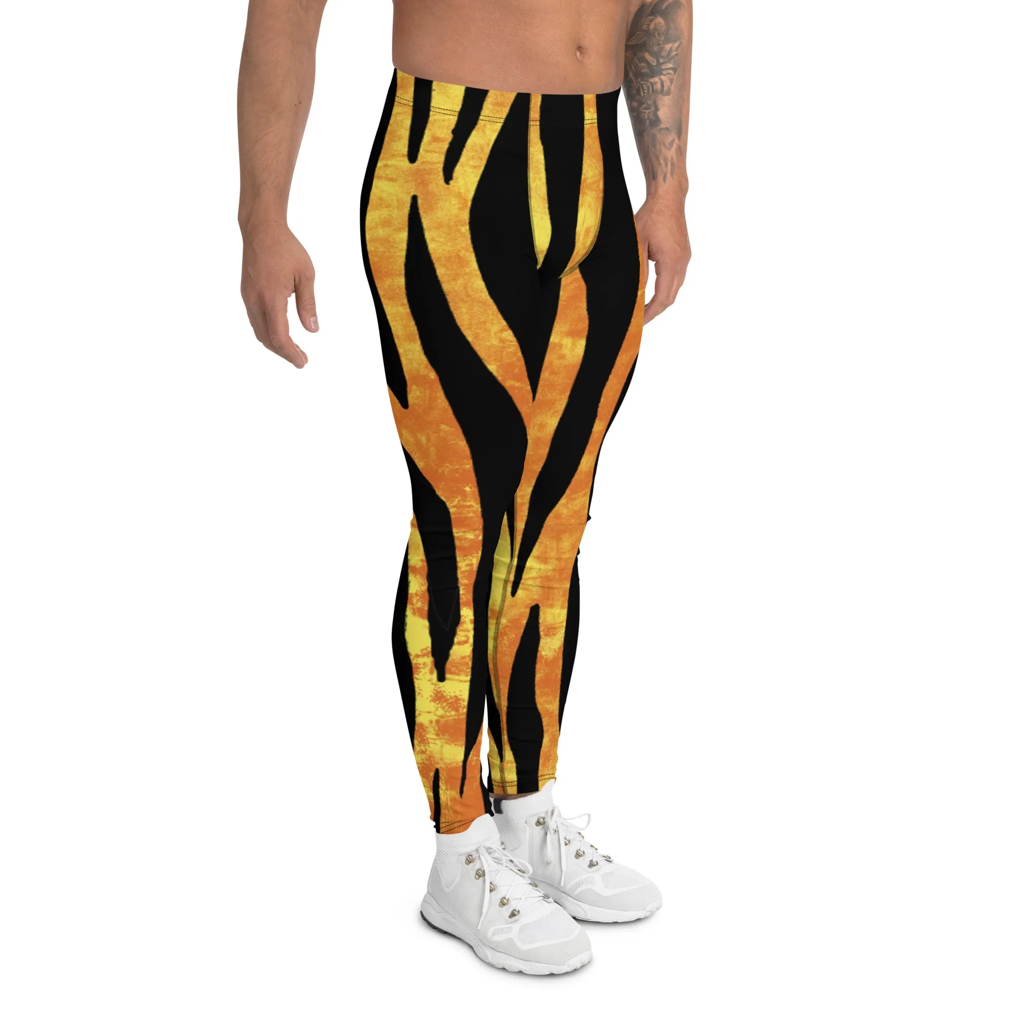 Tiger Striped Orange Men's Leggings, Animal Print Designer Colorful Meggings - Made in USA/EU/MX