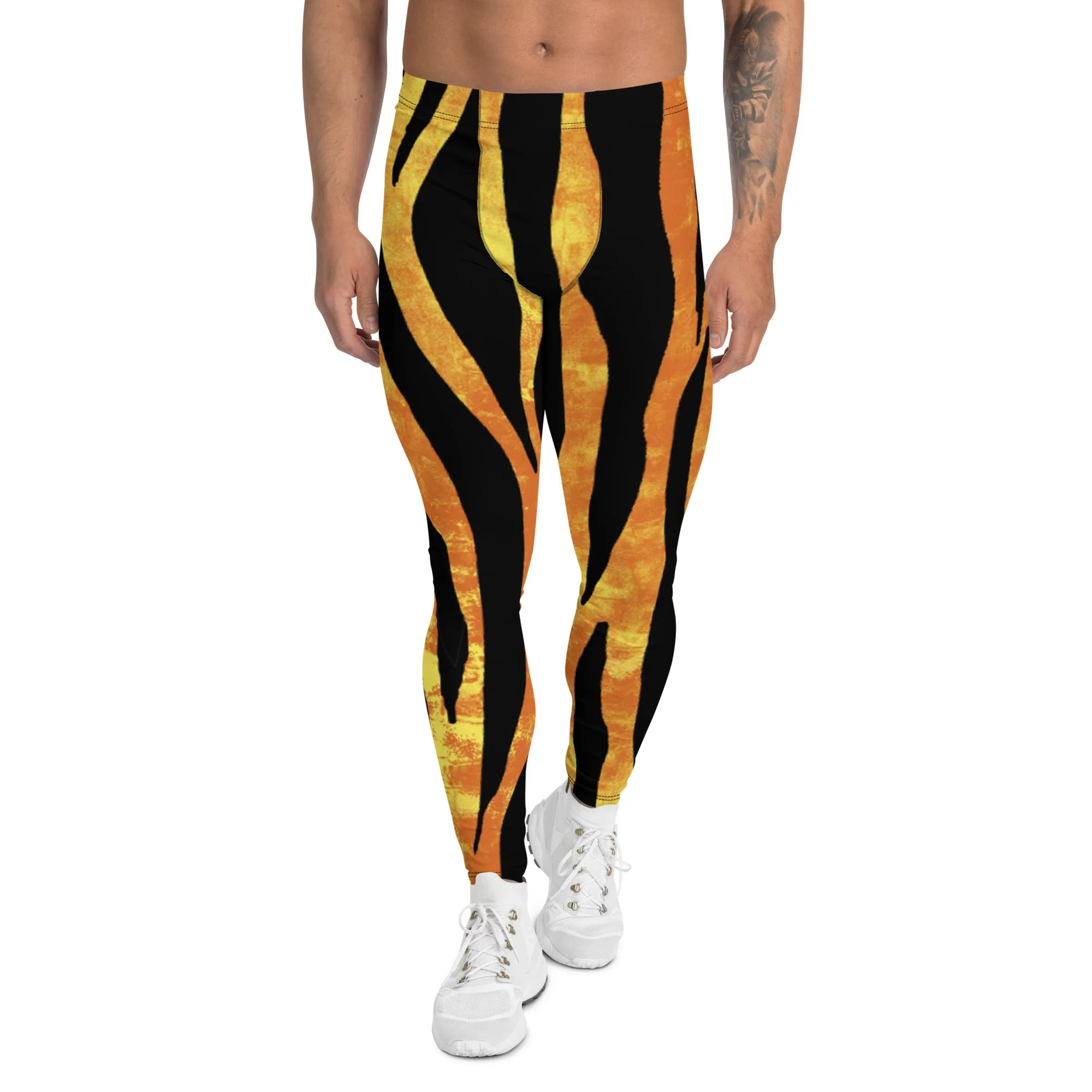 Tiger Striped Orange Men's Leggings, Animal Print Designer Colorful Meggings - Made in USA/EU/MX