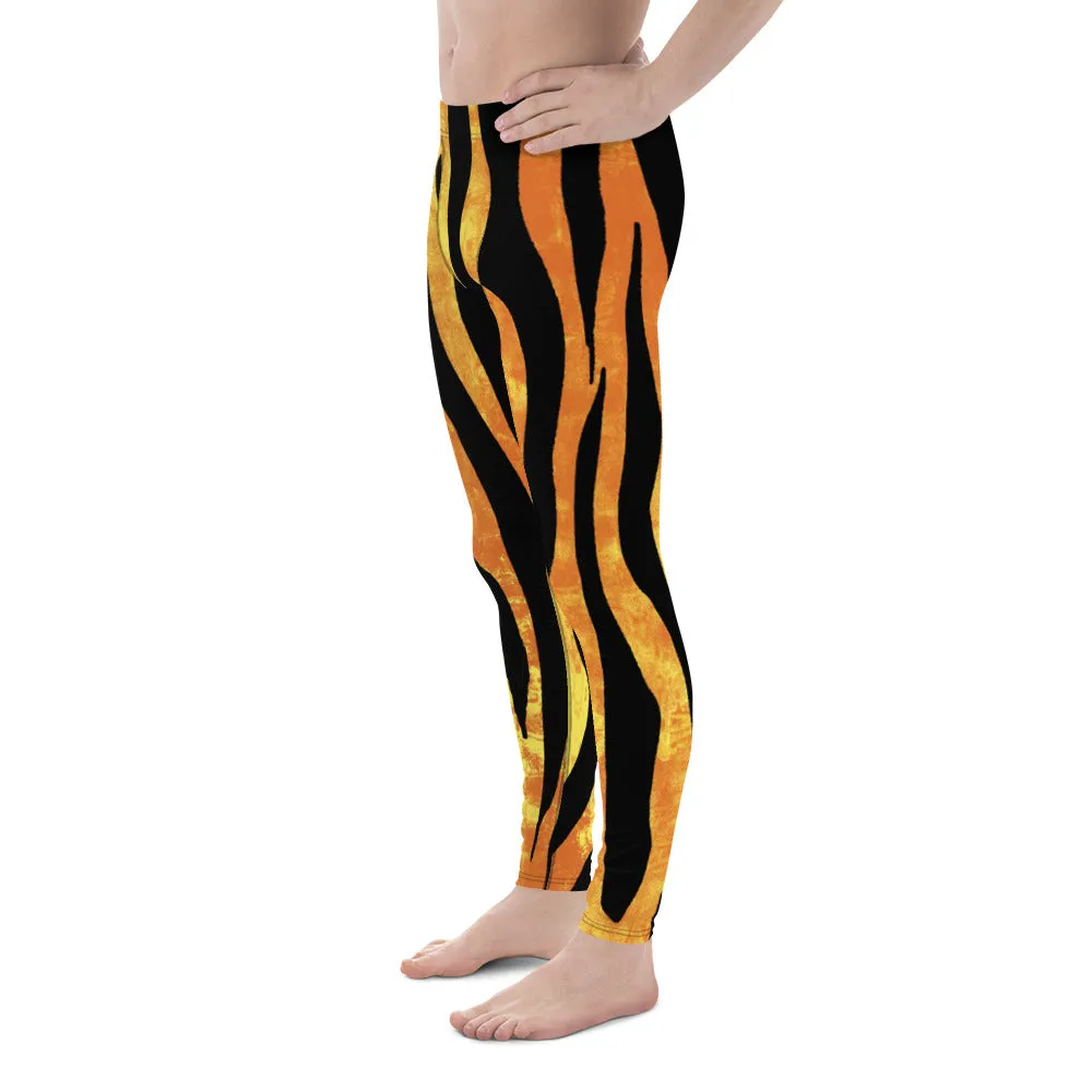 Tiger Striped Orange Men's Leggings, Animal Print Designer Colorful Meggings - Made in USA/EU/MX