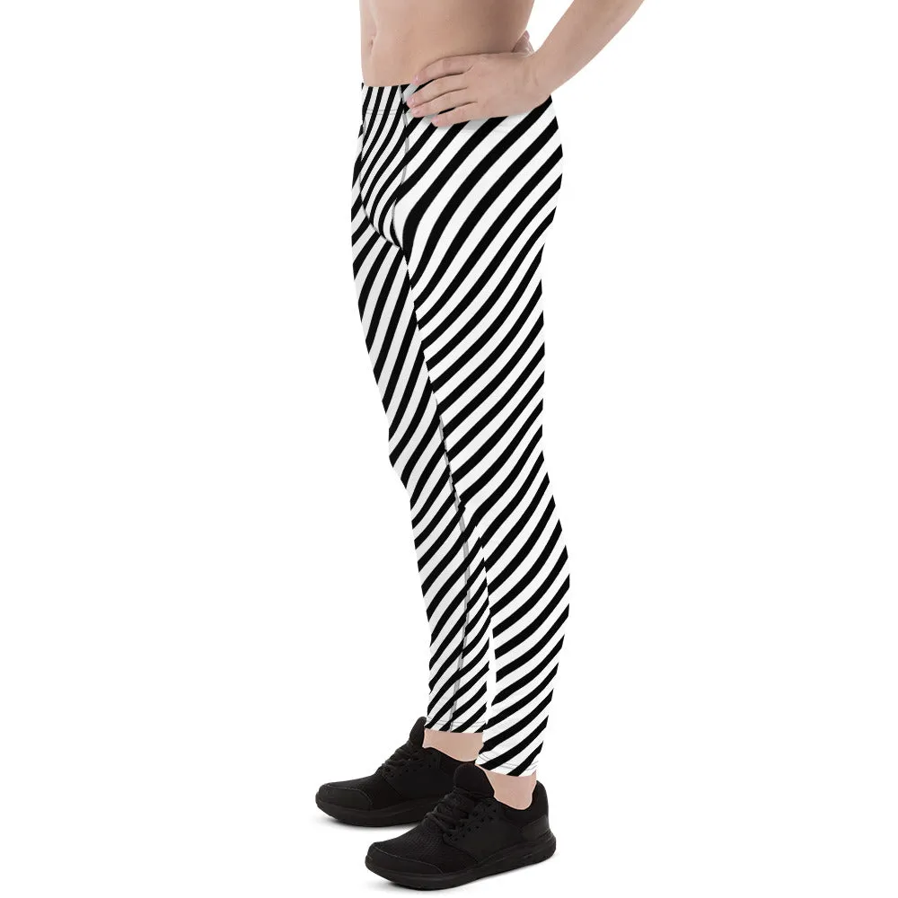 White Black Diagonal Striped Meggings, Colorful Best Compression Tights For Men - Made in USA/EU/MX