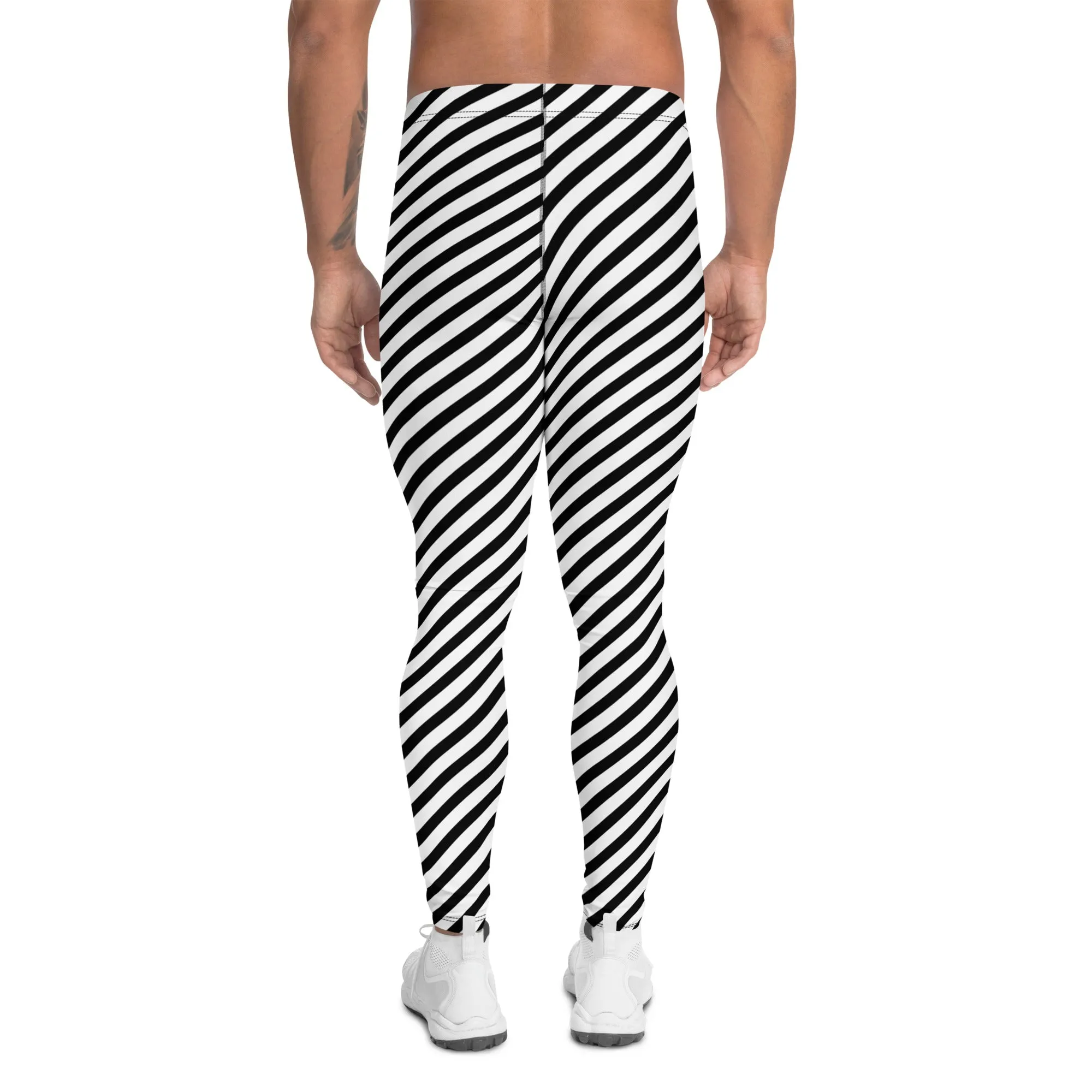 White Black Diagonal Striped Meggings, Colorful Best Compression Tights For Men - Made in USA/EU/MX