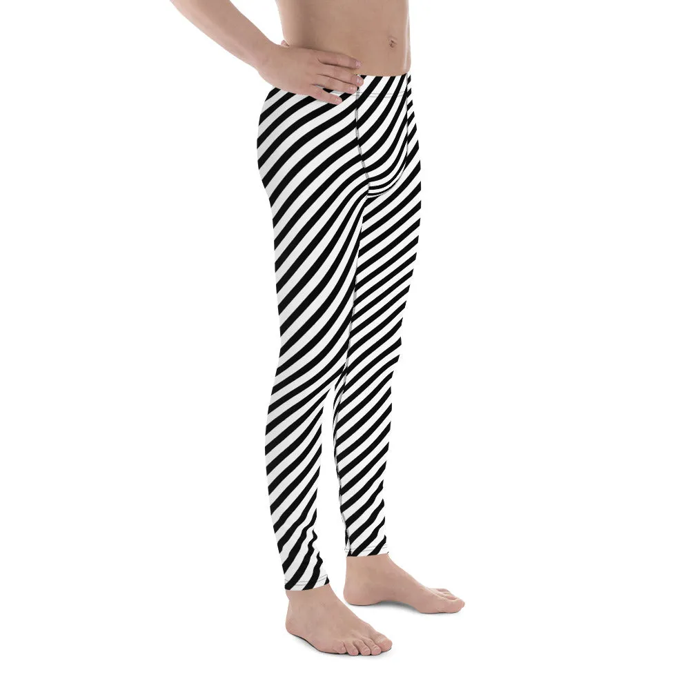 White Black Diagonal Striped Meggings, Colorful Best Compression Tights For Men - Made in USA/EU/MX