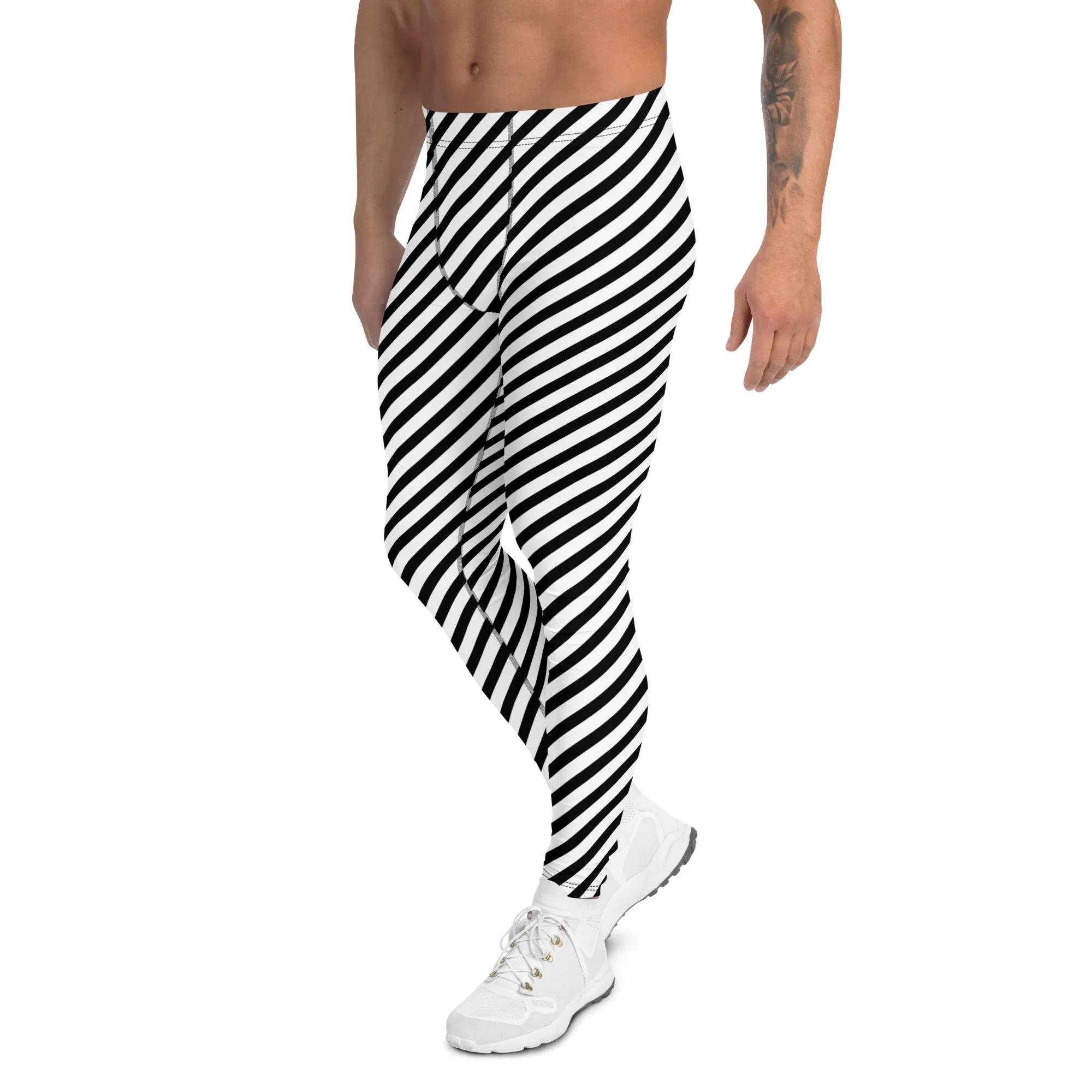 White Black Diagonal Striped Meggings, Colorful Best Compression Tights For Men - Made in USA/EU/MX