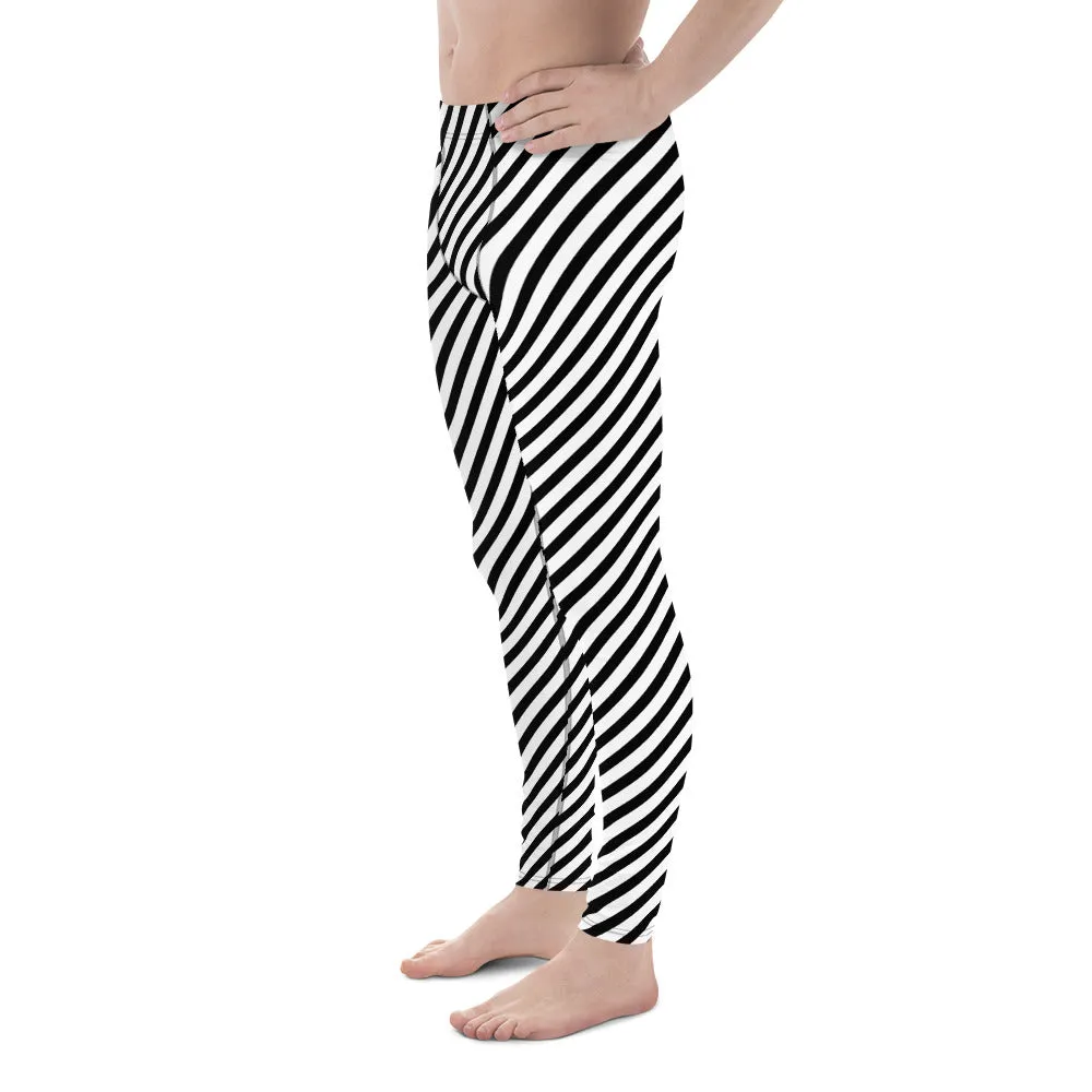 White Black Diagonal Striped Meggings, Colorful Best Compression Tights For Men - Made in USA/EU/MX