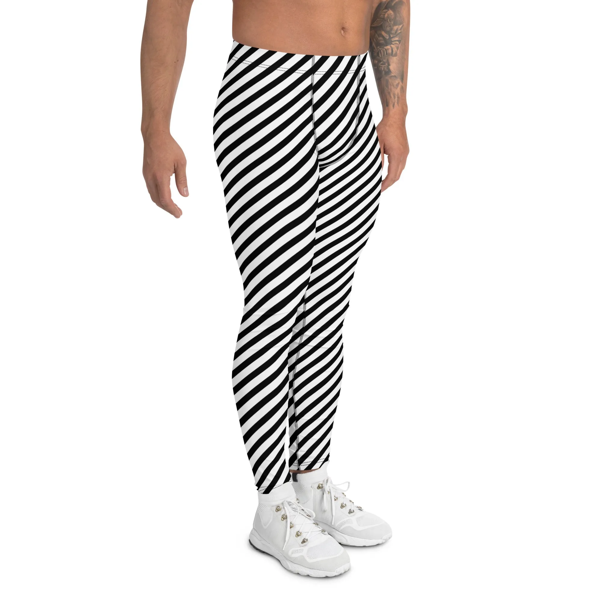 White Black Diagonal Striped Meggings, Colorful Best Compression Tights For Men - Made in USA/EU/MX