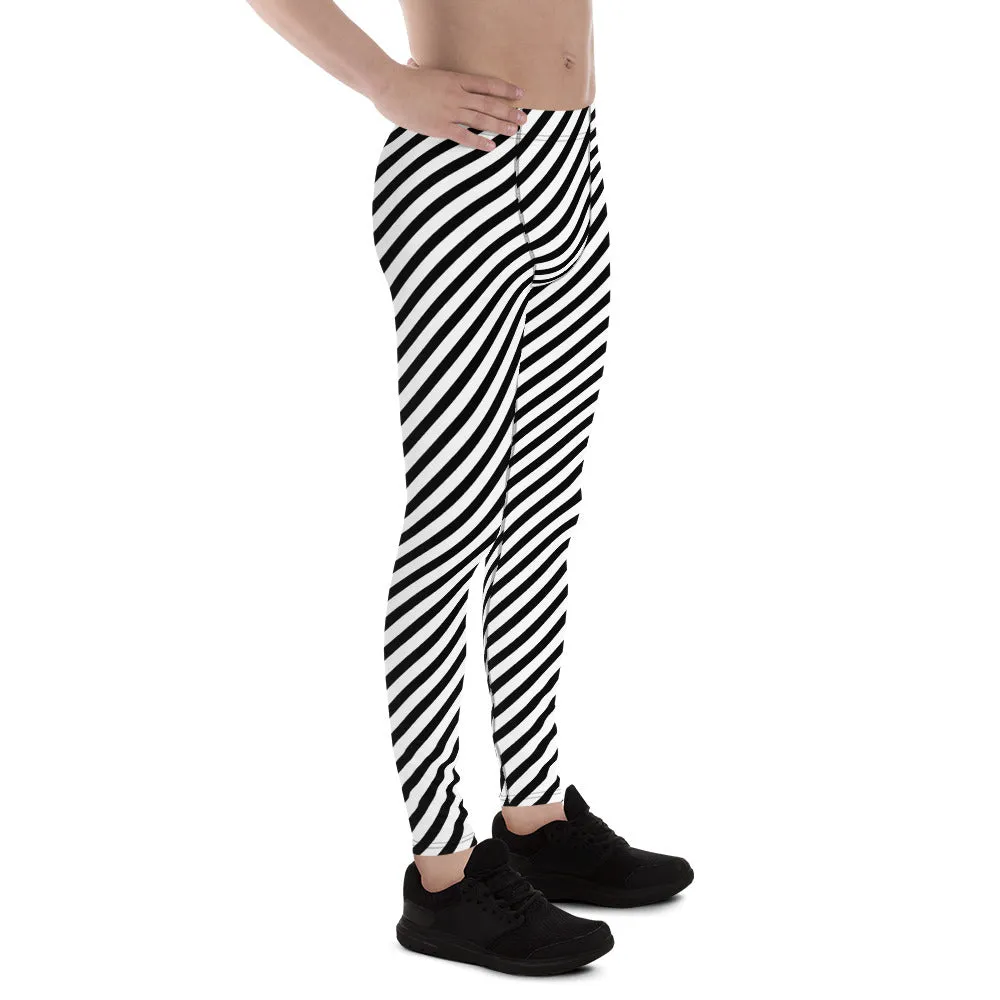 White Black Diagonal Striped Meggings, Colorful Best Compression Tights For Men - Made in USA/EU/MX