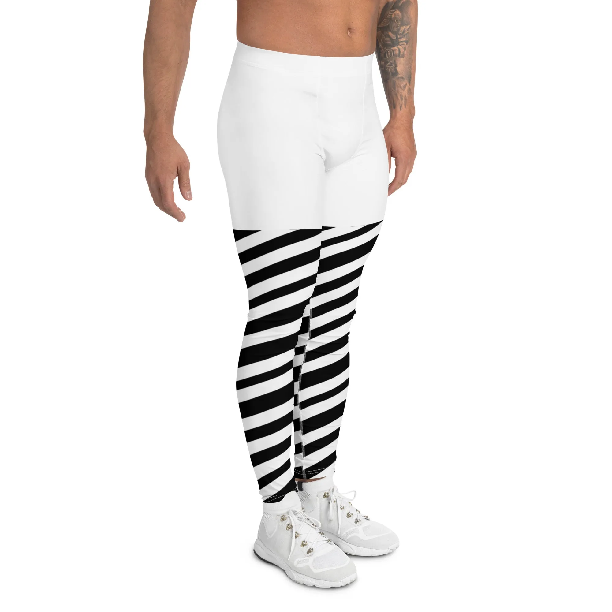 White Black Striped Meggings, Best Men's Leggings, Designer Minimalist Black White Modern Meggings-Made in USA/EU/MX