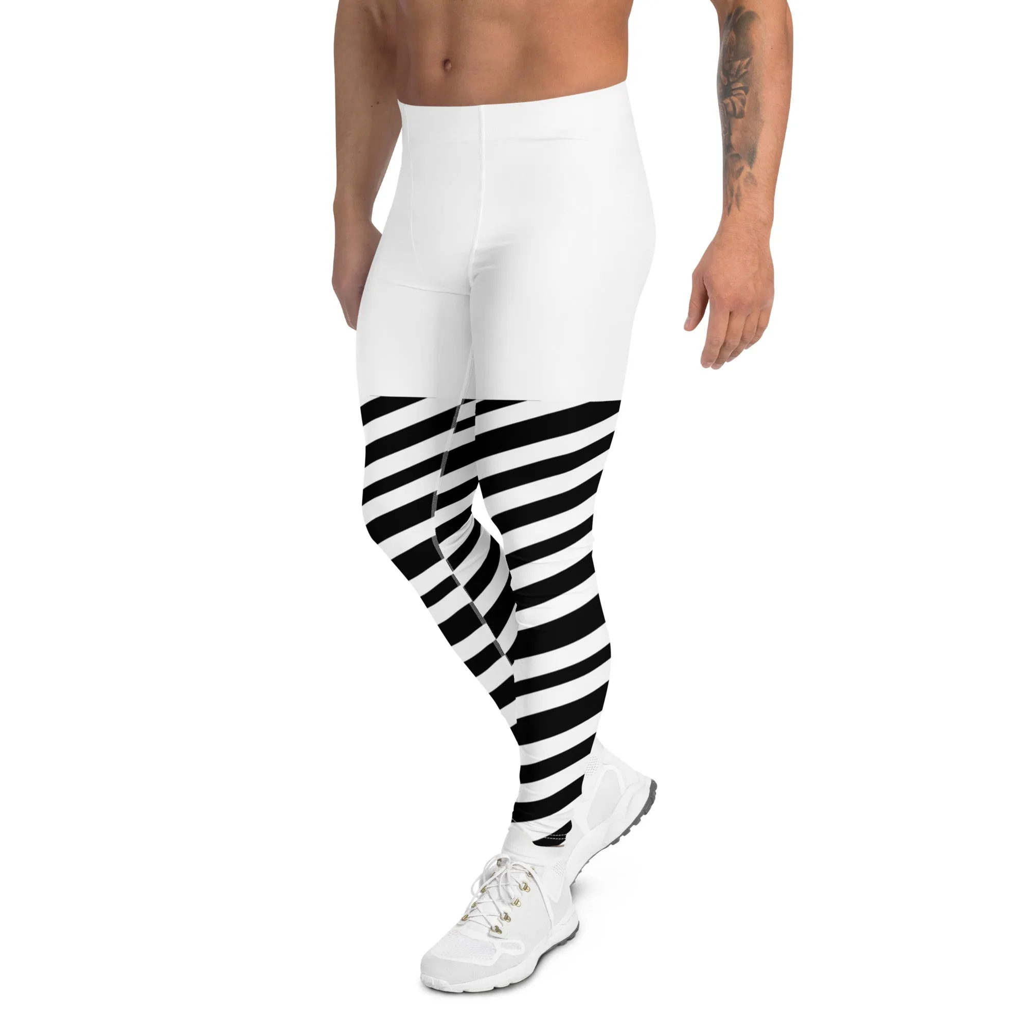 White Black Striped Meggings, Best Men's Leggings, Designer Minimalist Black White Modern Meggings-Made in USA/EU/MX