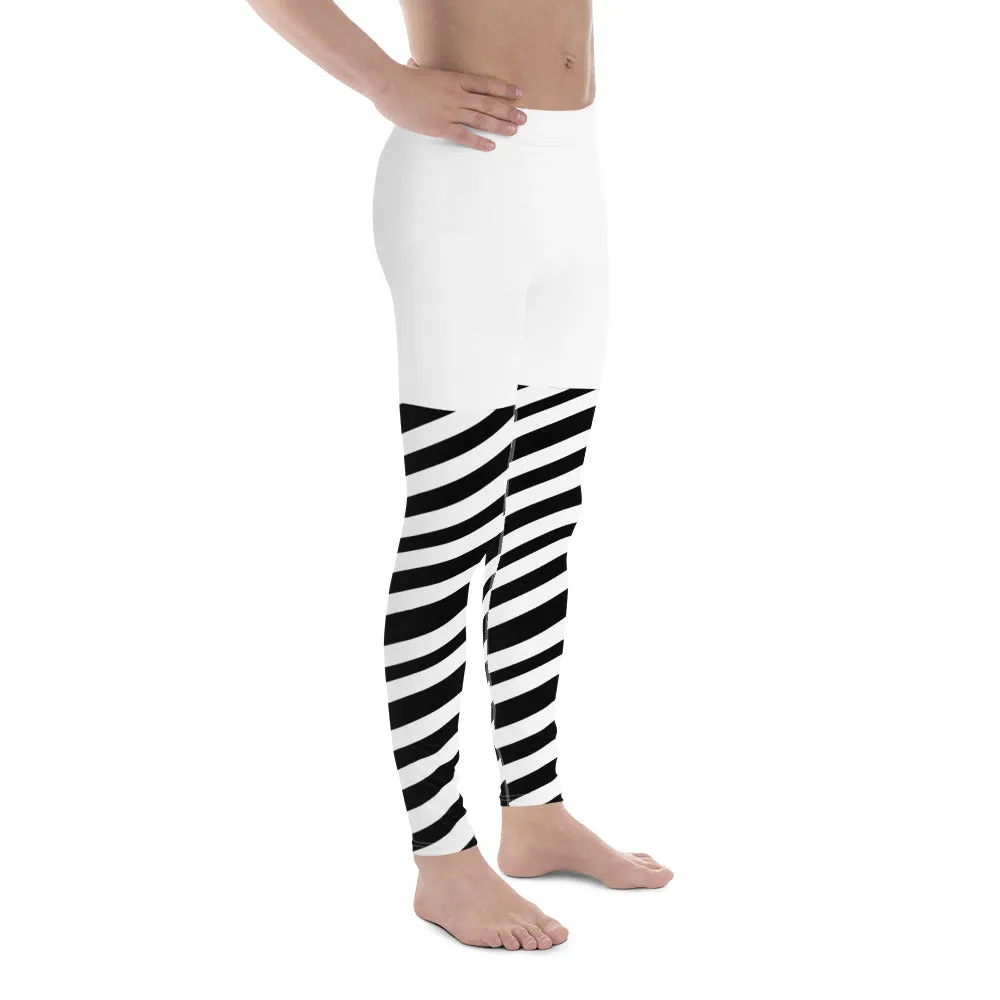 White Black Striped Meggings, Best Men's Leggings, Designer Minimalist Black White Modern Meggings-Made in USA/EU/MX