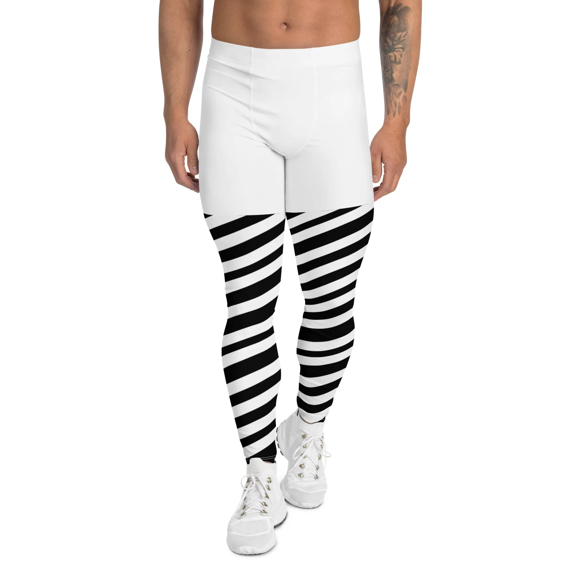 White Black Striped Meggings, Best Men's Leggings, Designer Minimalist Black White Modern Meggings-Made in USA/EU/MX