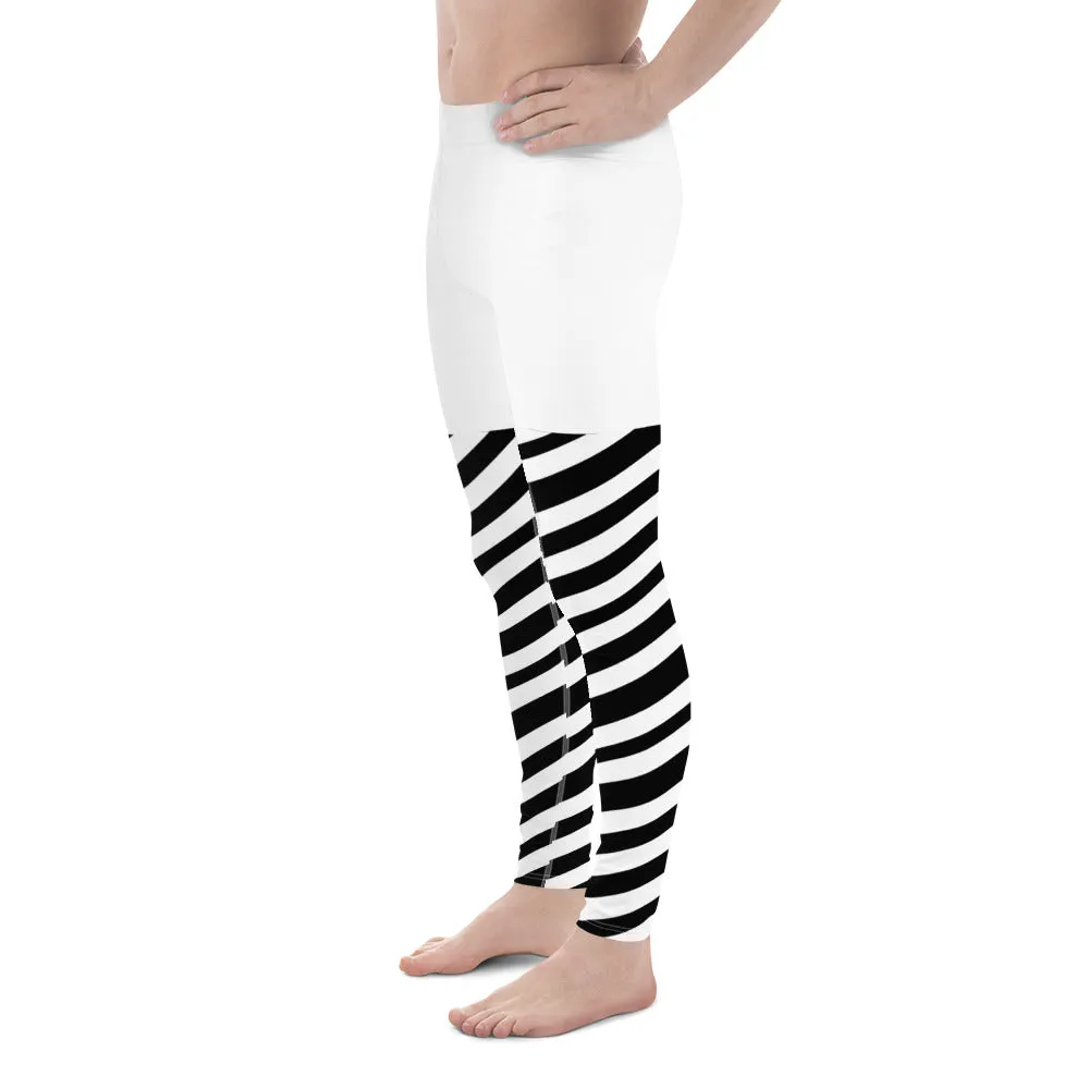 White Black Striped Meggings, Best Men's Leggings, Designer Minimalist Black White Modern Meggings-Made in USA/EU/MX