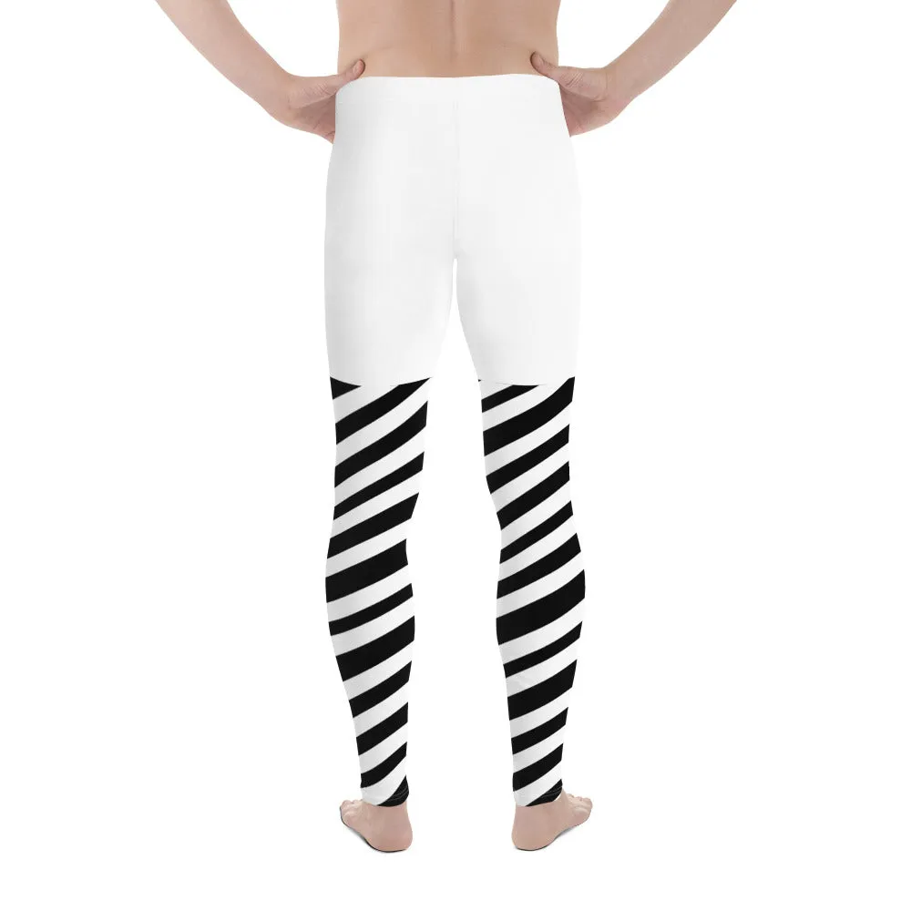 White Black Striped Meggings, Best Men's Leggings, Designer Minimalist Black White Modern Meggings-Made in USA/EU/MX