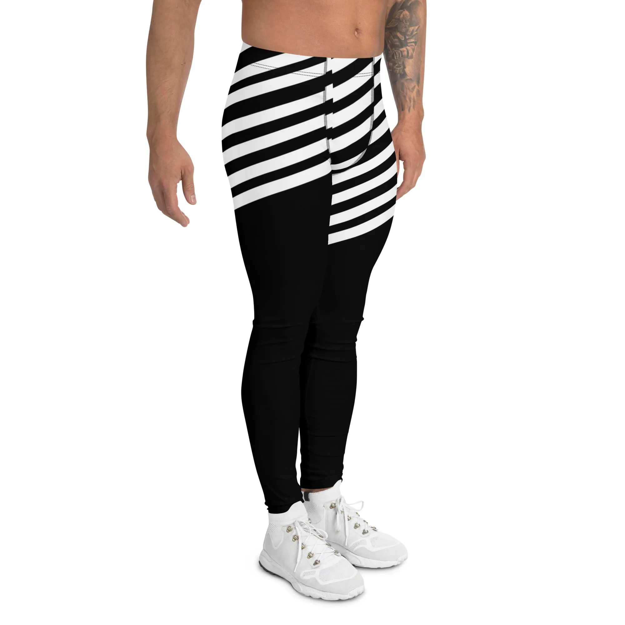 White Black Striped Meggings, Designer Men's Leggings, Designer Minimalist Black White Modern Meggings-Made in USA/EU/MX