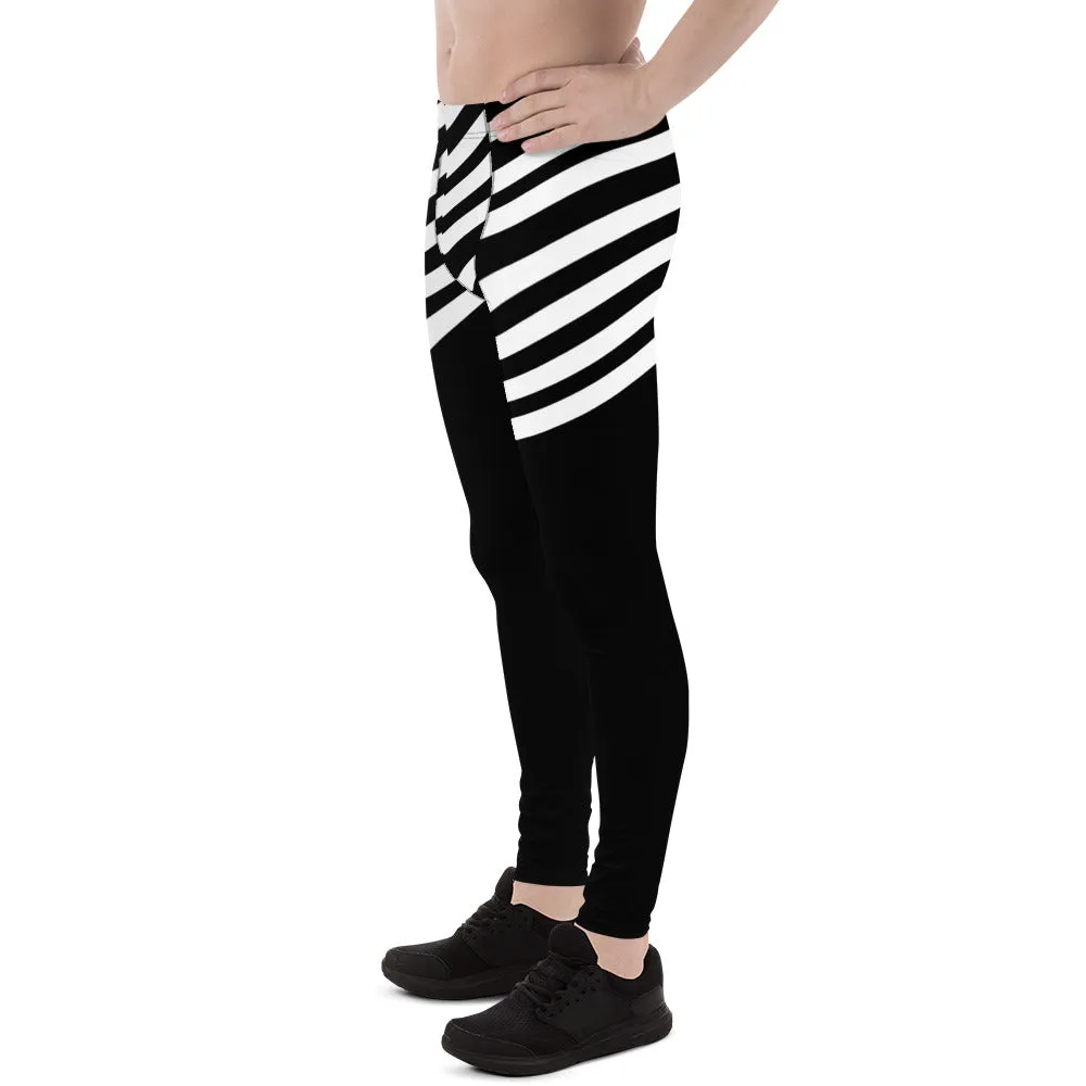 White Black Striped Meggings, Designer Men's Leggings, Designer Minimalist Black White Modern Meggings-Made in USA/EU/MX