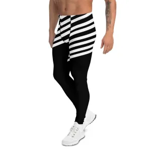 White Black Striped Meggings, Designer Men's Leggings, Designer Minimalist Black White Modern Meggings-Made in USA/EU/MX