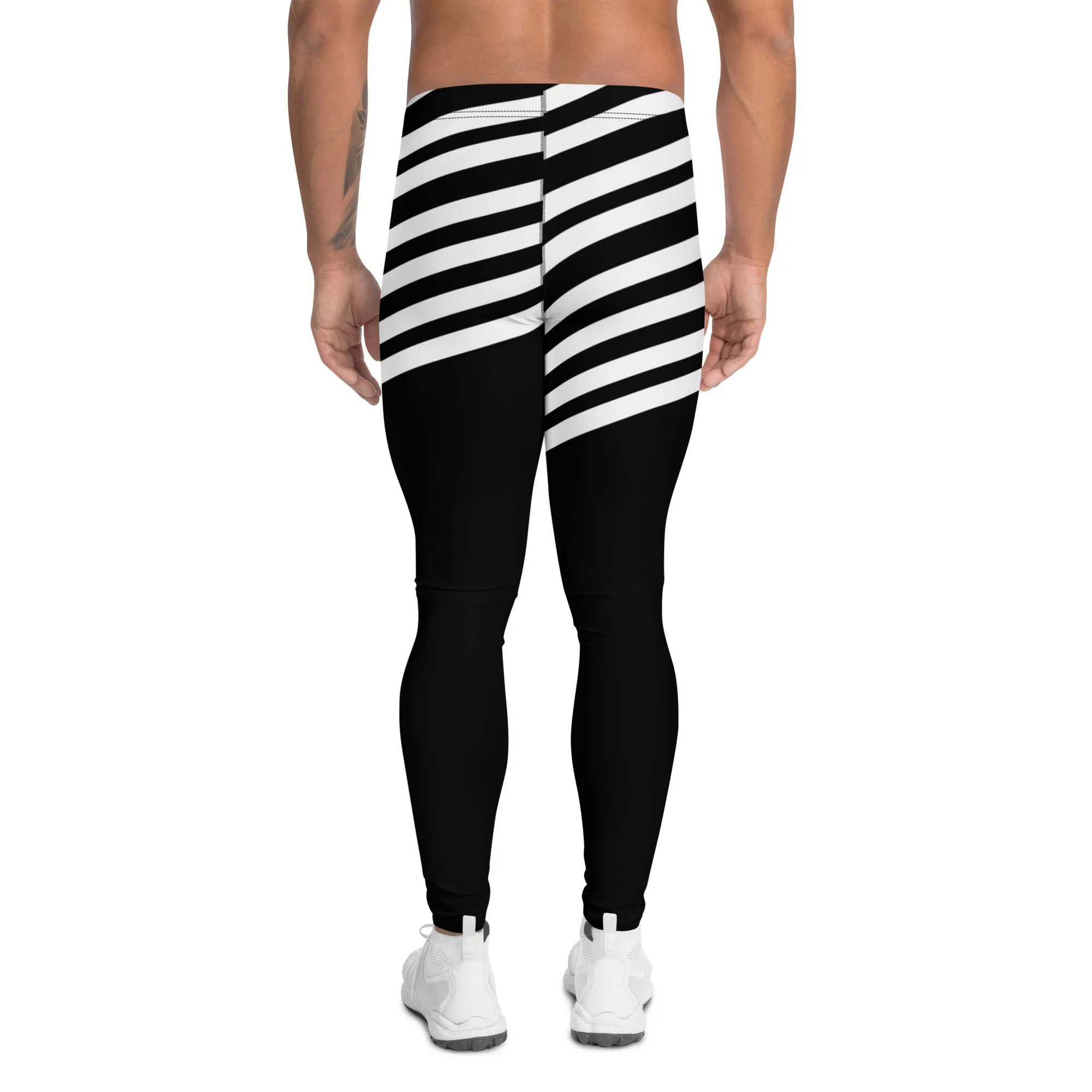 White Black Striped Meggings, Designer Men's Leggings, Designer Minimalist Black White Modern Meggings-Made in USA/EU/MX