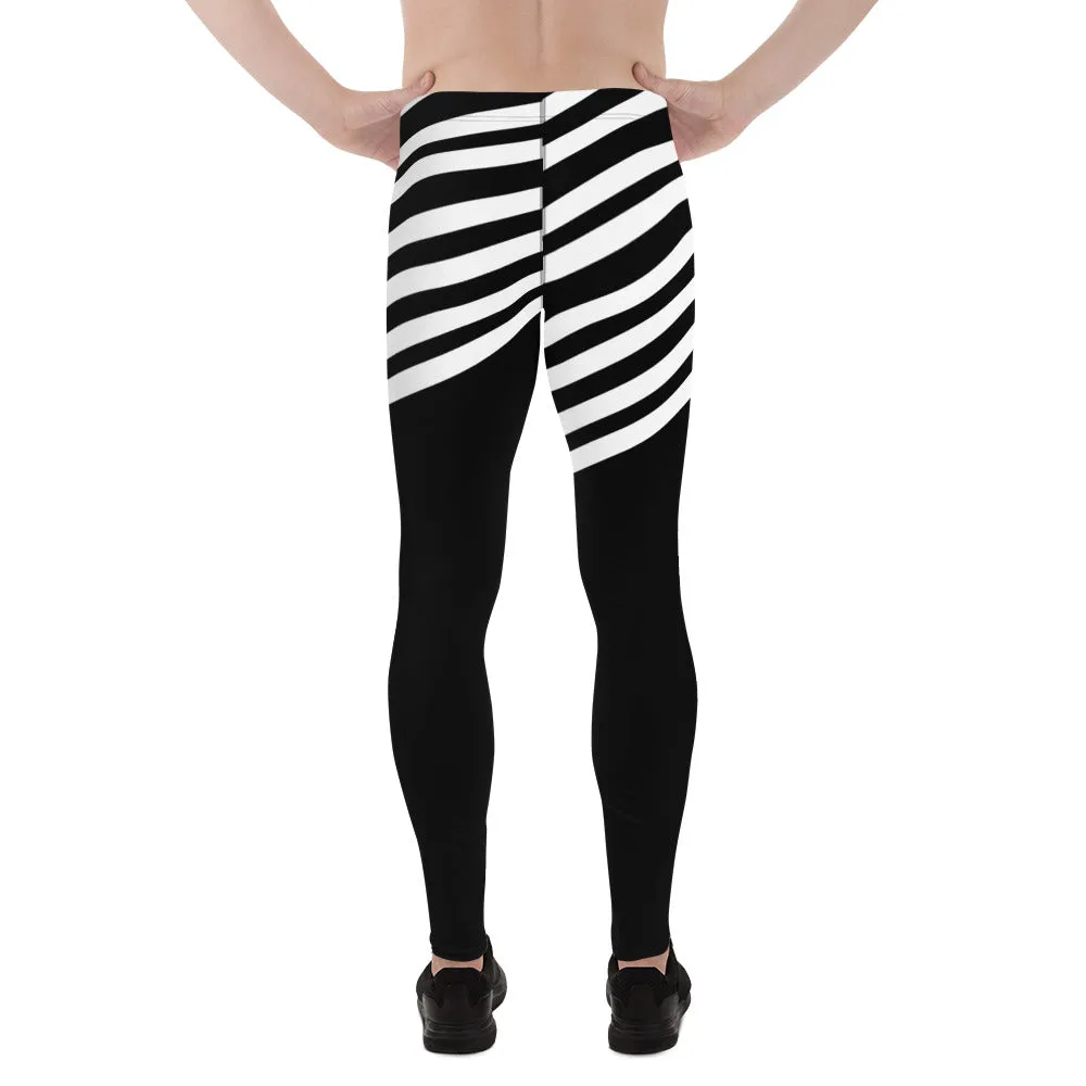 White Black Striped Meggings, Designer Men's Leggings, Designer Minimalist Black White Modern Meggings-Made in USA/EU/MX