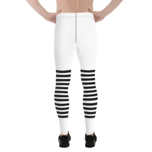 White Black Striped Meggings, Horizontally Striped White and Black Men's Leggings For Men - Made in USA/EU/MX