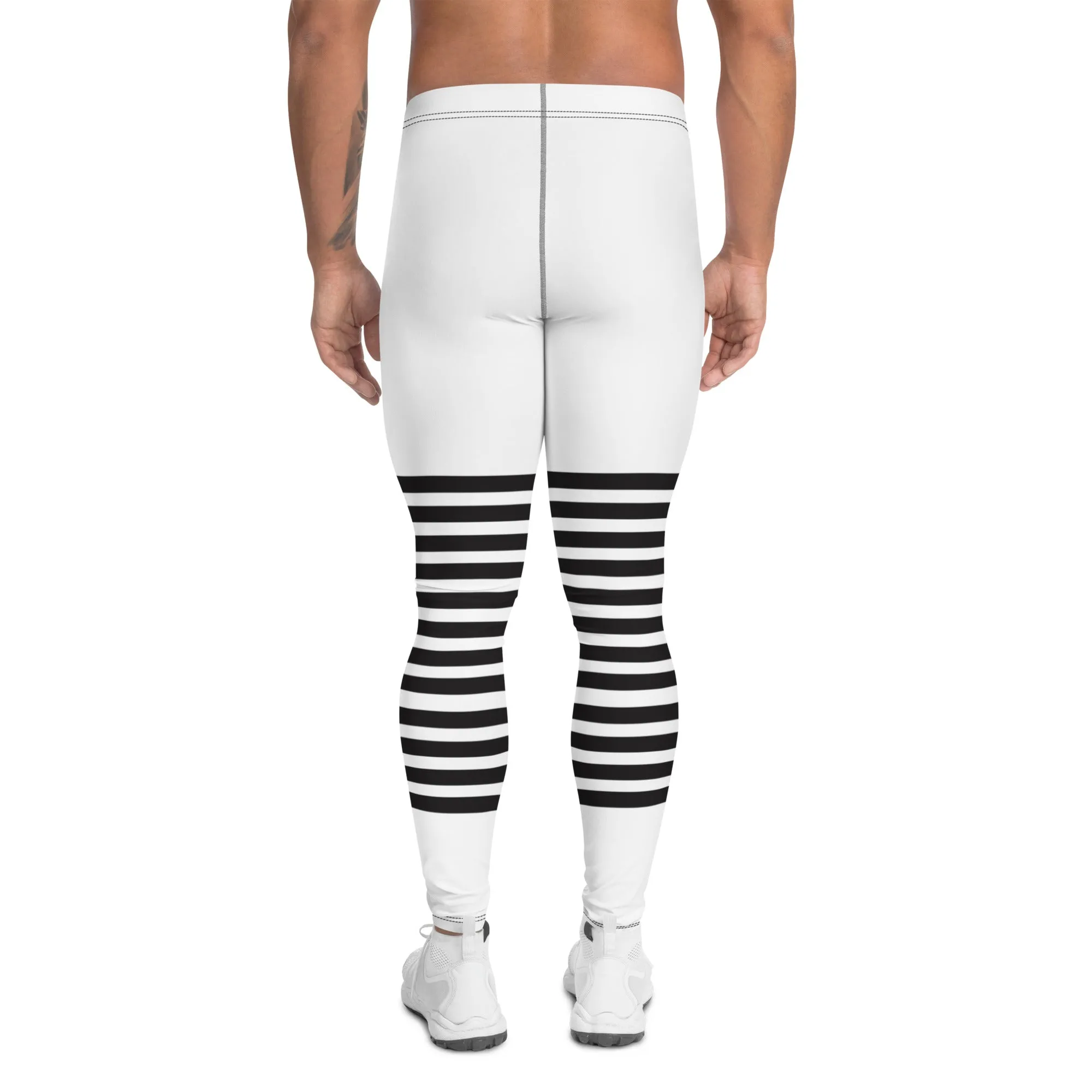 White Black Striped Meggings, Horizontally Striped White and Black Men's Leggings For Men - Made in USA/EU/MX