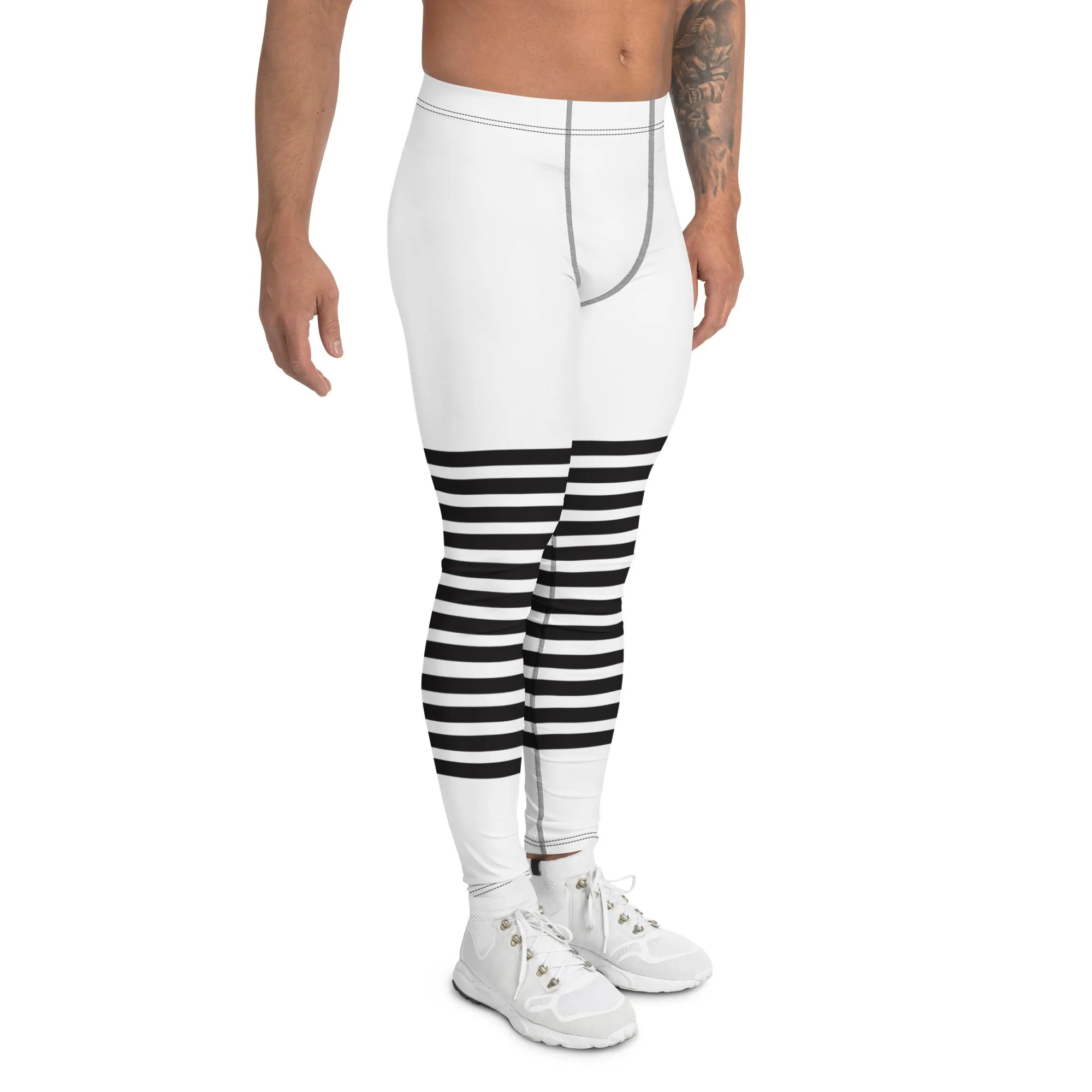 White Black Striped Meggings, Horizontally Striped White and Black Men's Leggings For Men - Made in USA/EU/MX