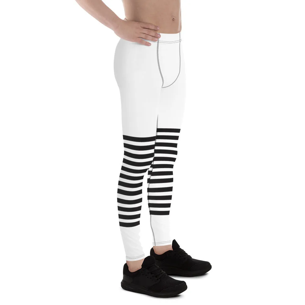 White Black Striped Meggings, Horizontally Striped White and Black Men's Leggings For Men - Made in USA/EU/MX