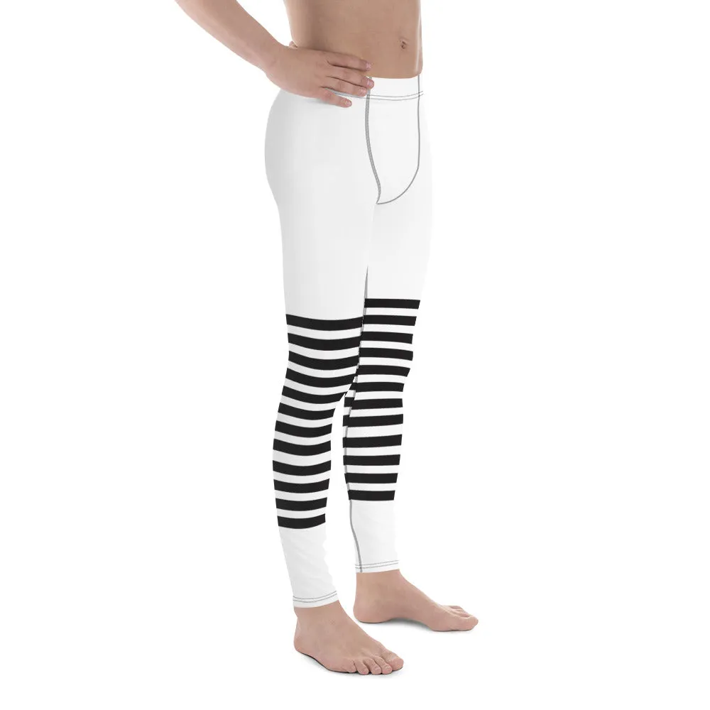 White Black Striped Meggings, Horizontally Striped White and Black Men's Leggings For Men - Made in USA/EU/MX