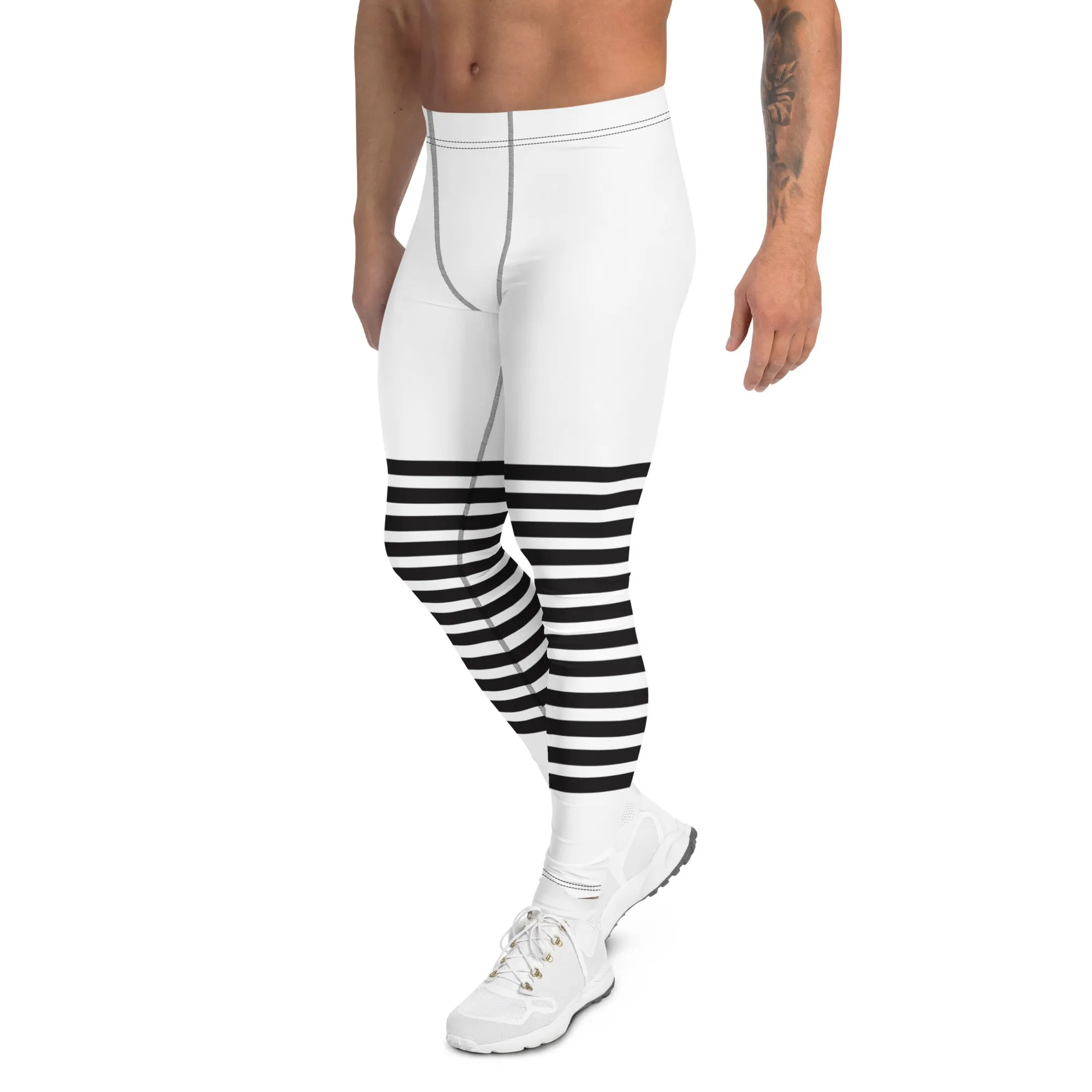 White Black Striped Meggings, Horizontally Striped White and Black Men's Leggings For Men - Made in USA/EU/MX