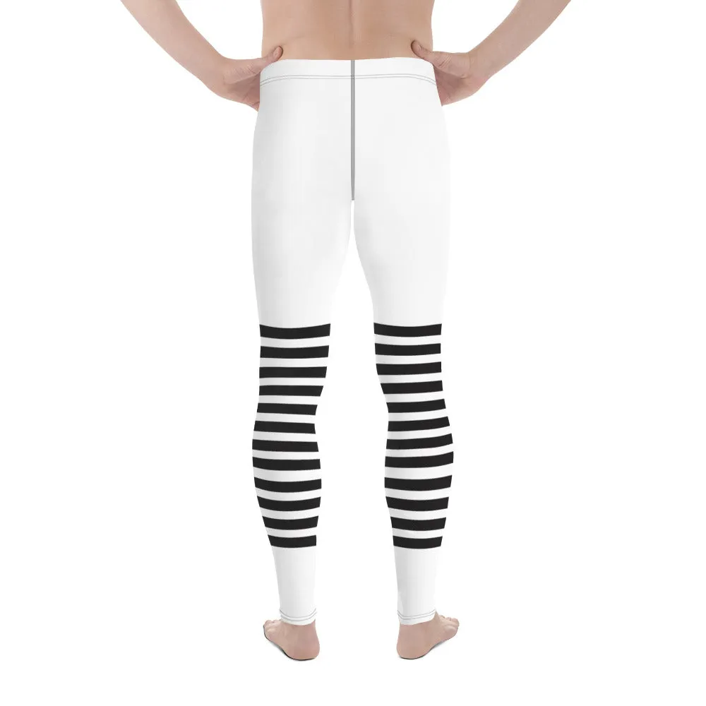 White Black Striped Meggings, Horizontally Striped White and Black Men's Leggings For Men - Made in USA/EU/MX