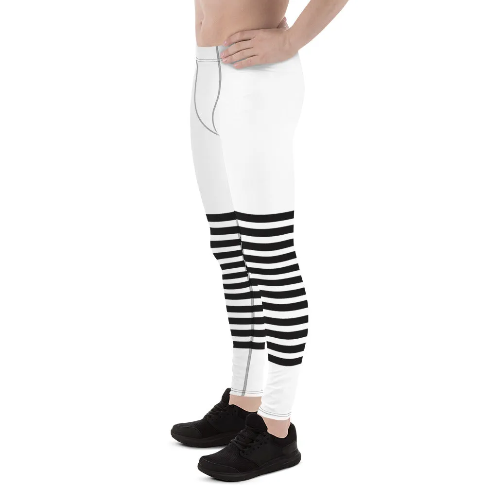 White Black Striped Meggings, Horizontally Striped White and Black Men's Leggings For Men - Made in USA/EU/MX